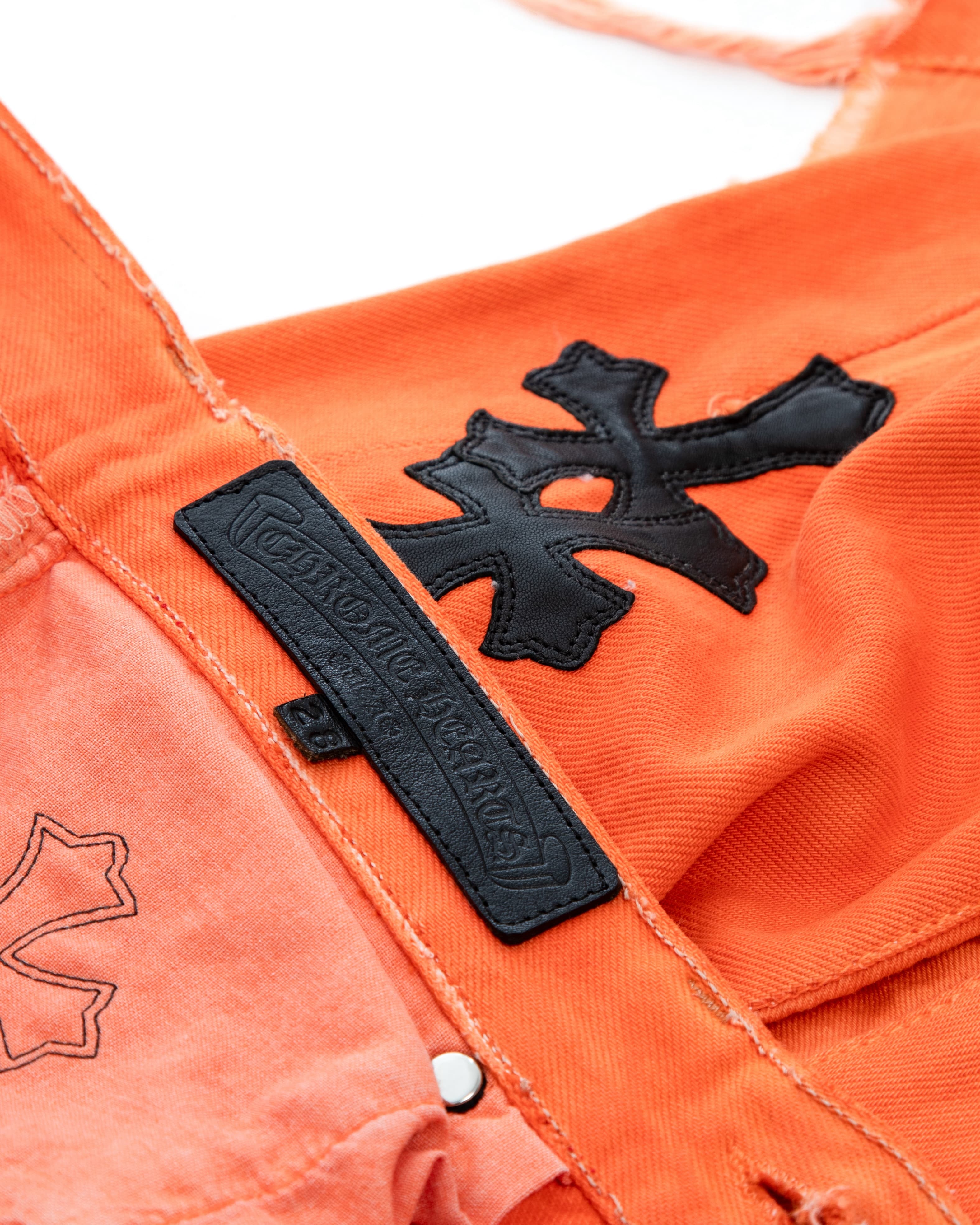 Vintage Levi's Black Cross Patch Orange Jeans - image 4 - CHROME HEART label on inside of waistband