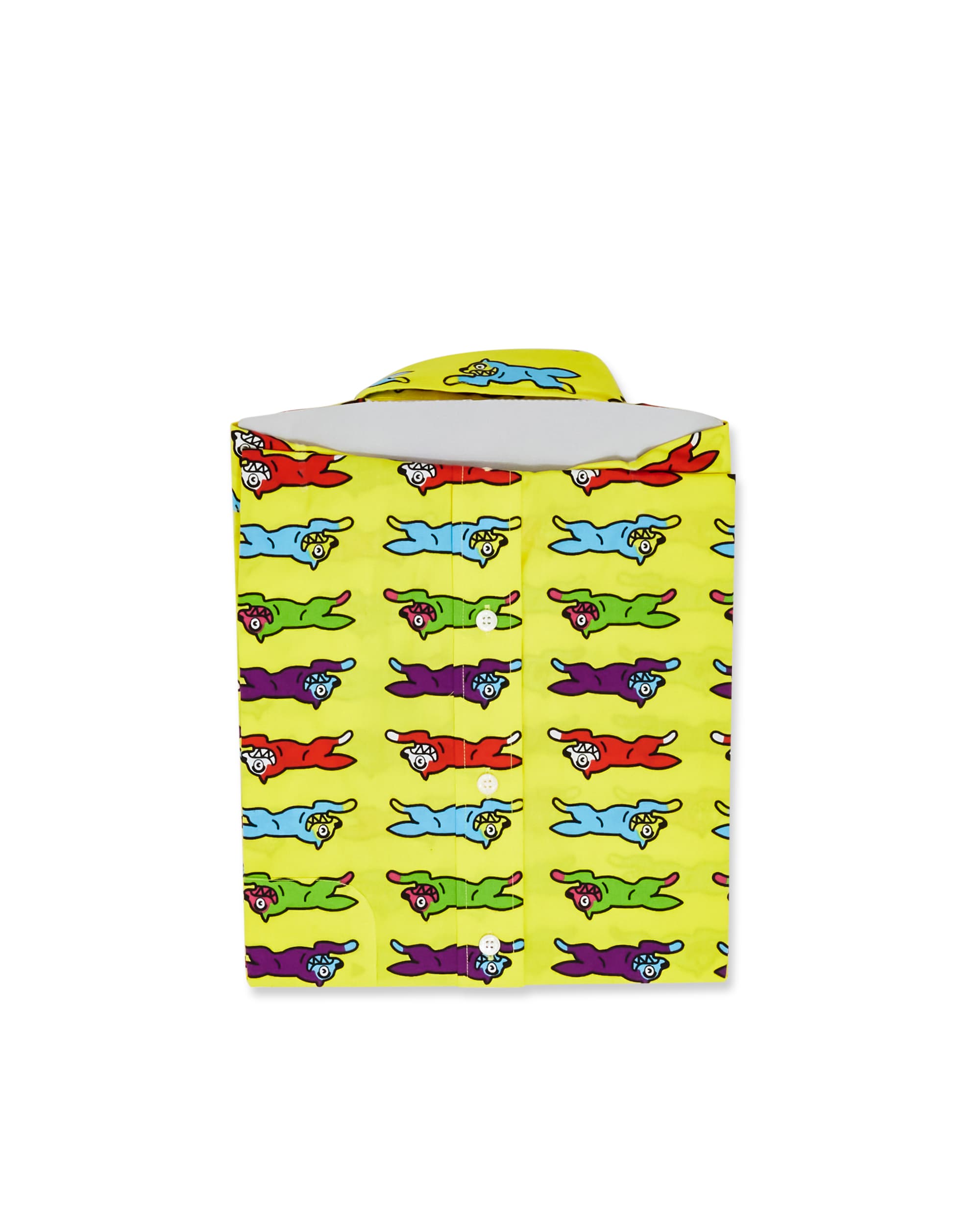 Yellow Shirt with Multicolor Running Dog Print - Back Folded