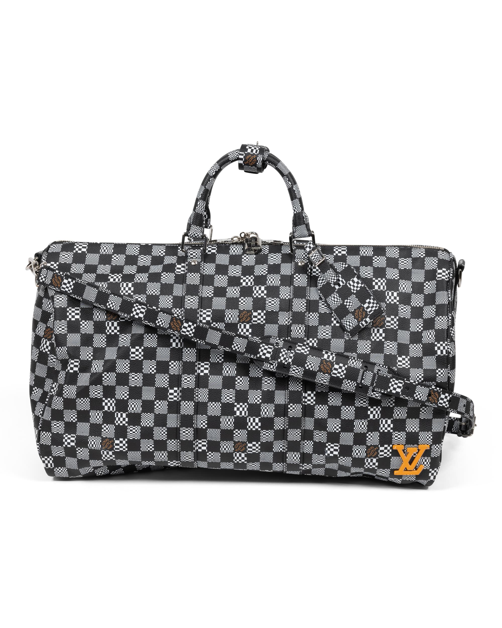 Distorted Damier Keepall Bandoulière 50 - image 1 - front of bag, shoulder/crossbody strap, luggage tag, LV monogram at the bottom right