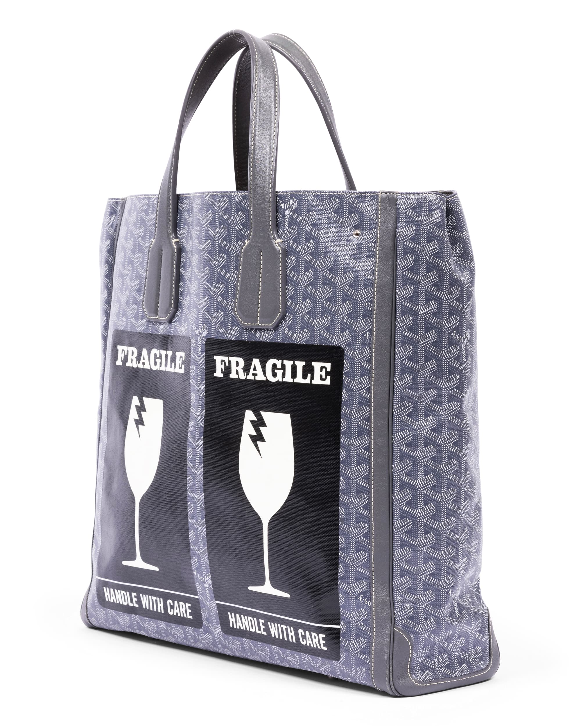 Custom Gray Goyardine Human Made 'Handle with Care' Tote Villette Bag - Back Left Angle