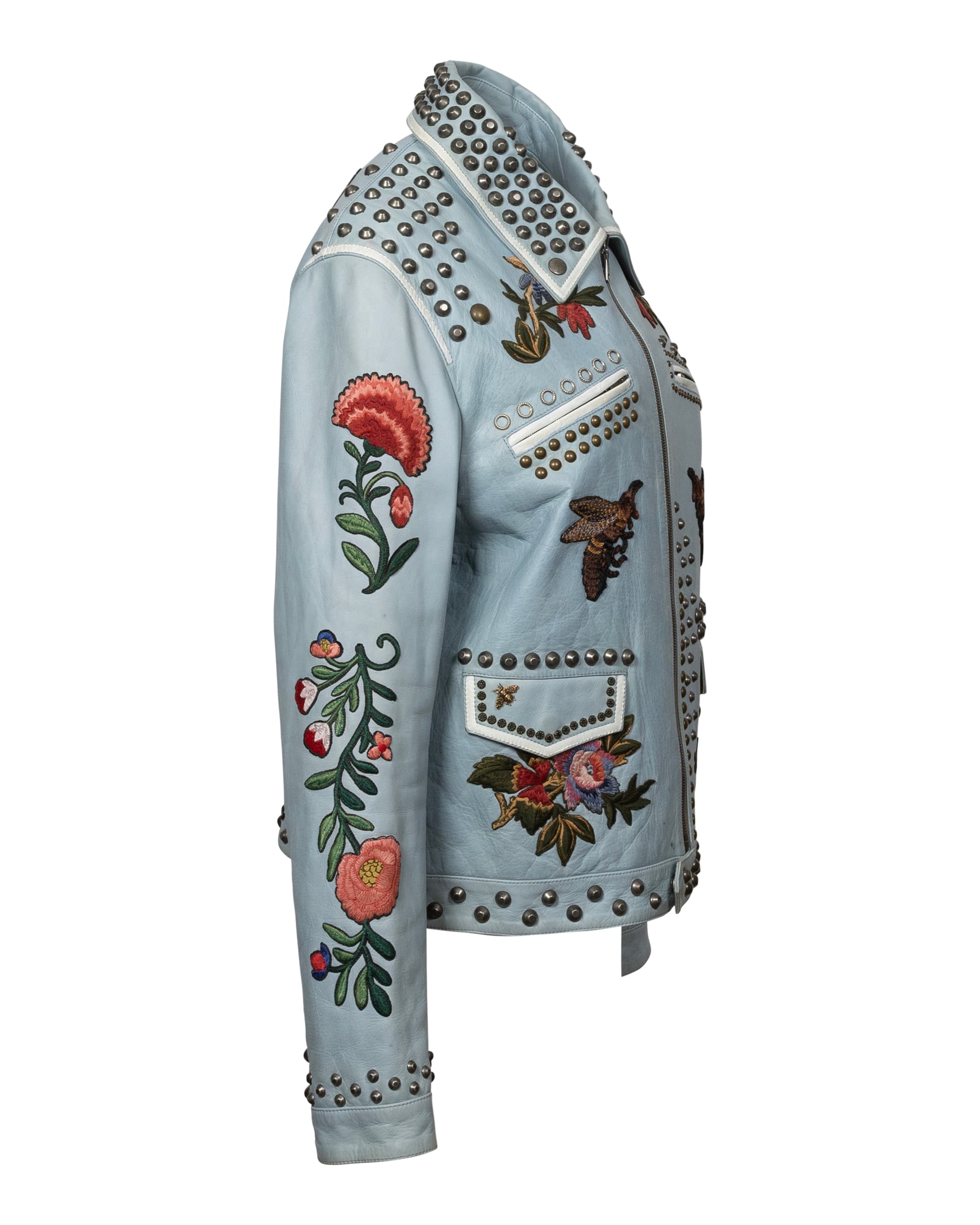 Floral Embroidered Leather Jacket - image 3 - side angle, floral design on right sleeve