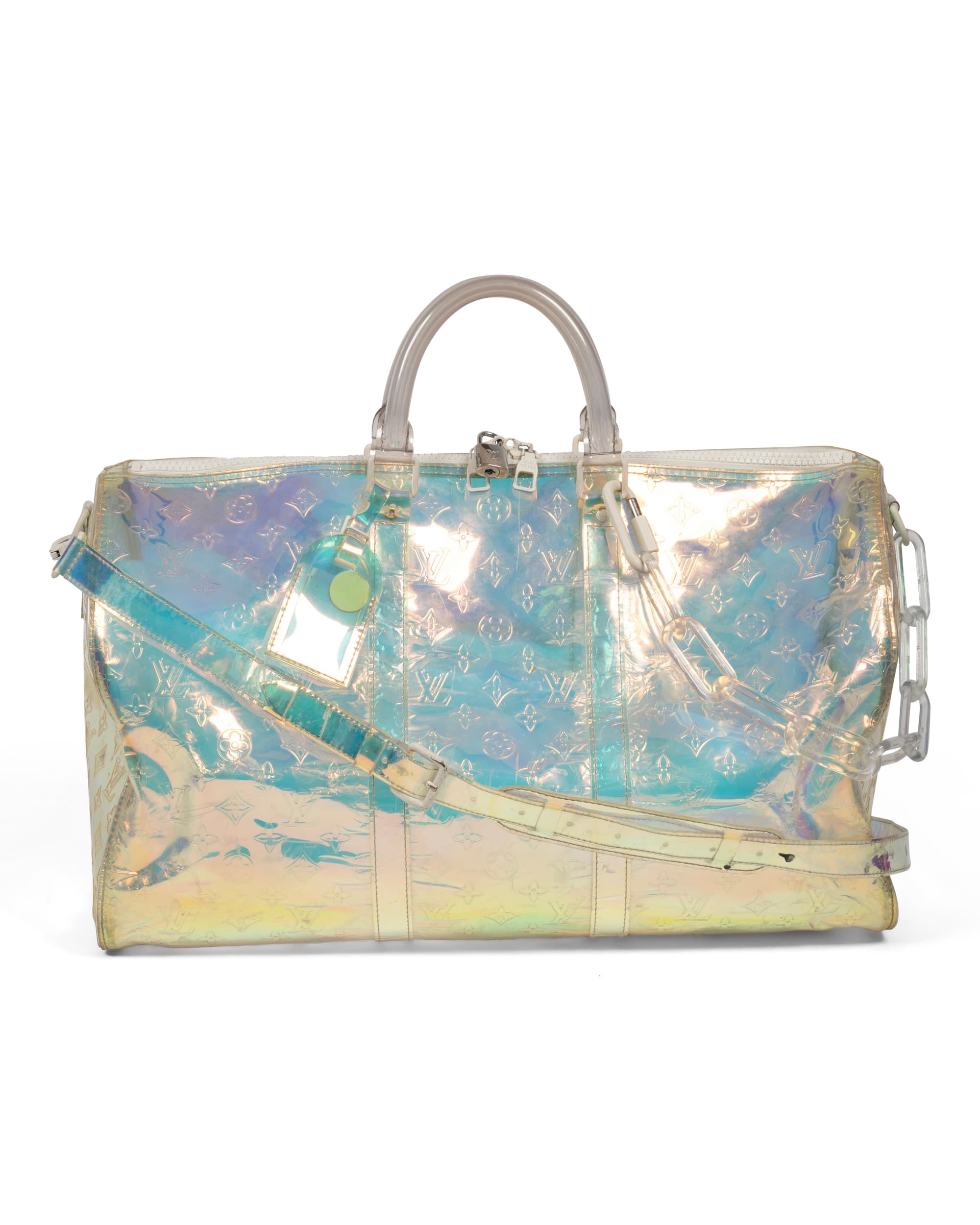 PVC Blue Monogram Keepall Bandoulière 50 - image 1 - front side of bag showing shoulder/crossbody strap, coated chain and luggage label