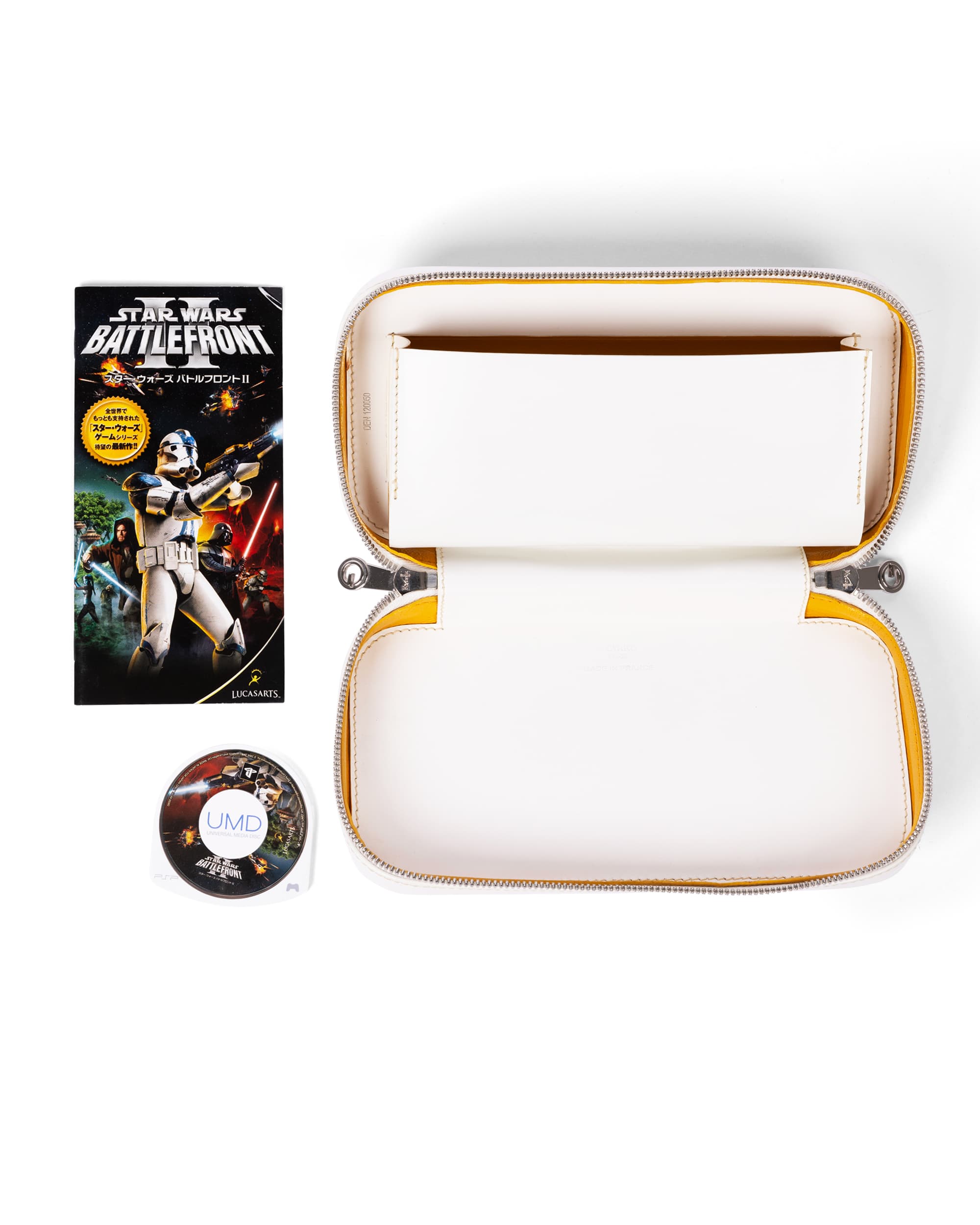 Custom for Colette White Goyardine Playstation Case - Case Open with Game Case and PSP Cartridge