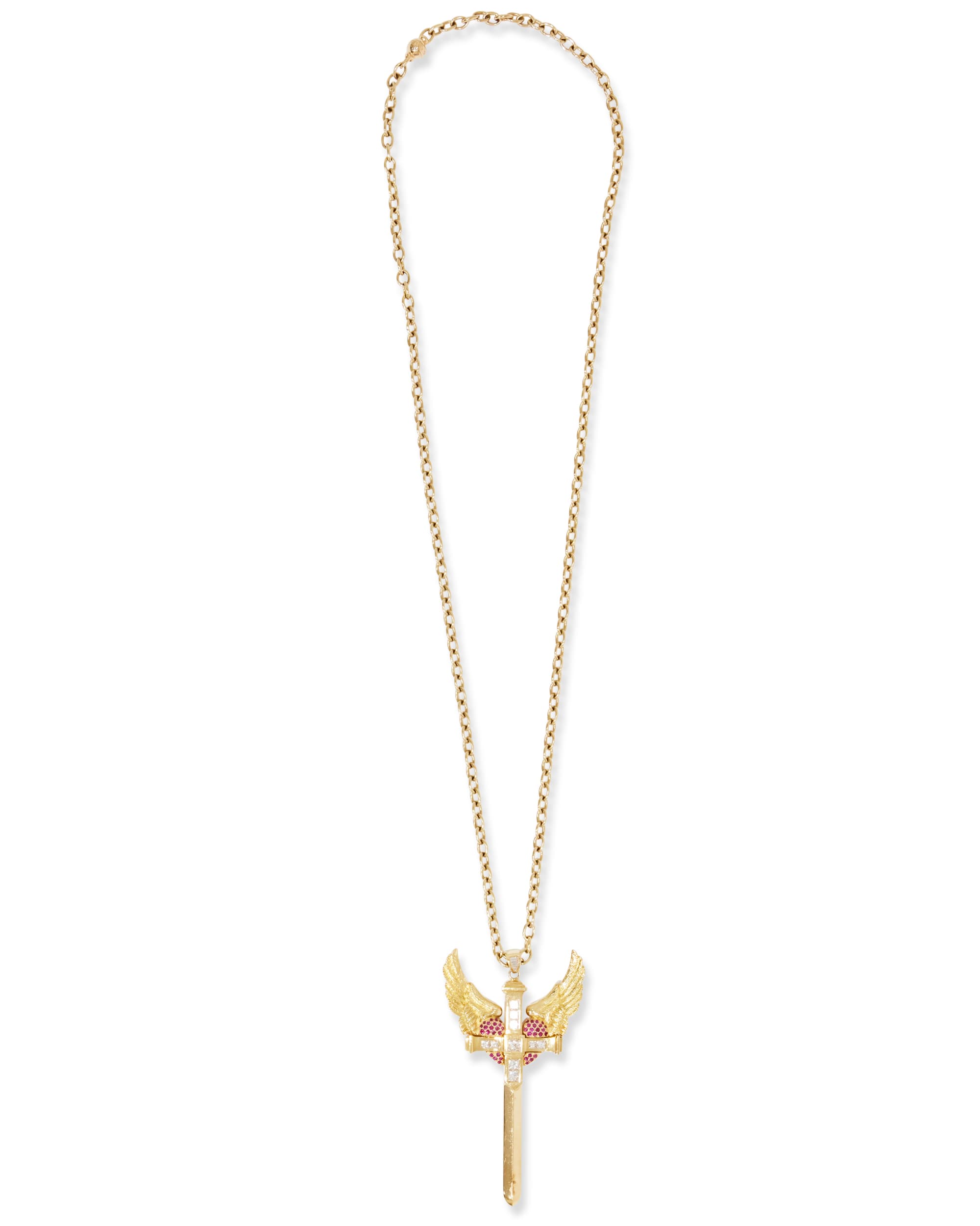 Diamond & Ruby Gold Winged Dagger Necklace - Front