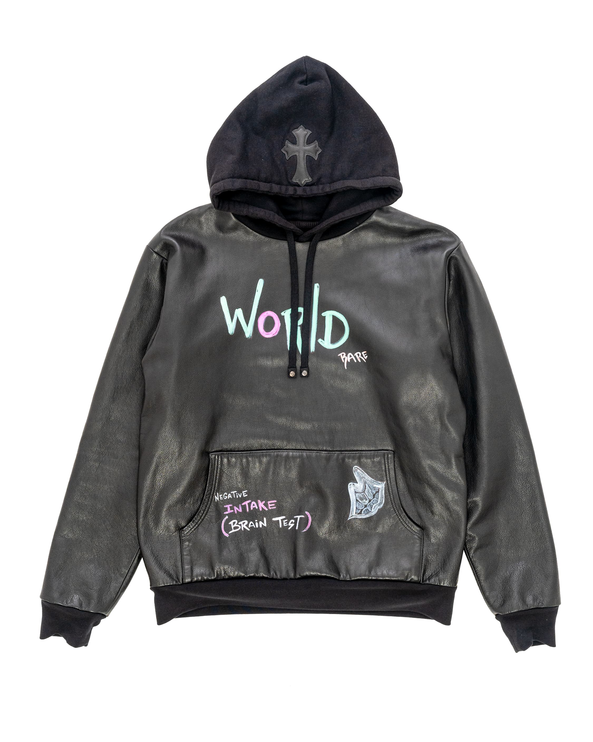 Matty Boy Hand-Painted Cross Patch Leather Hoodie - image 1 - front of garment