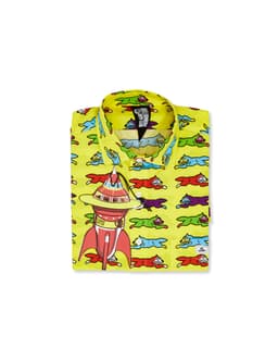 Yellow Shirt with Multicolor Running Dog Print - Front Folded