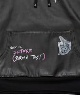 Matty Boy Hand-Painted Cross Patch Leather Hoodie - image 4 - front pocket detail