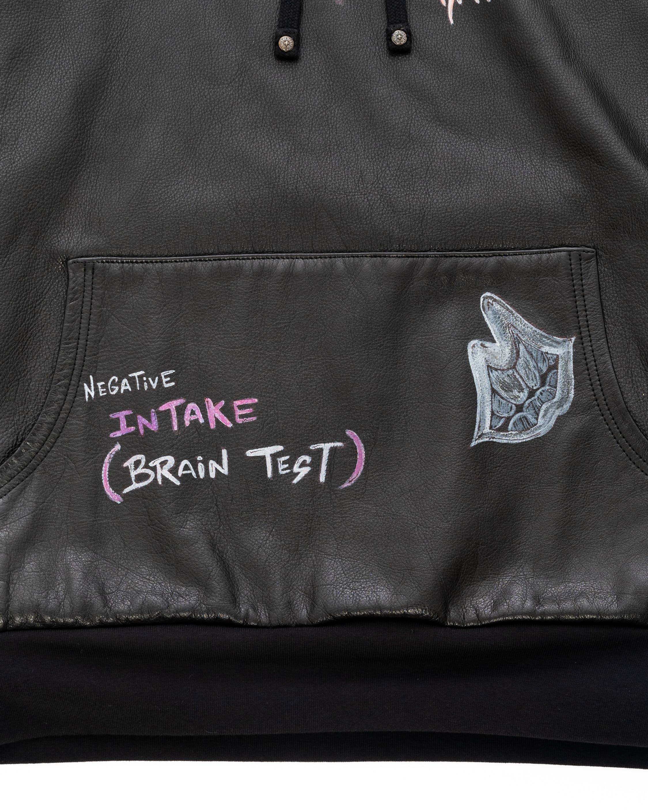 Matty Boy Hand-Painted Cross Patch Leather Hoodie - image 4 - front pocket detail