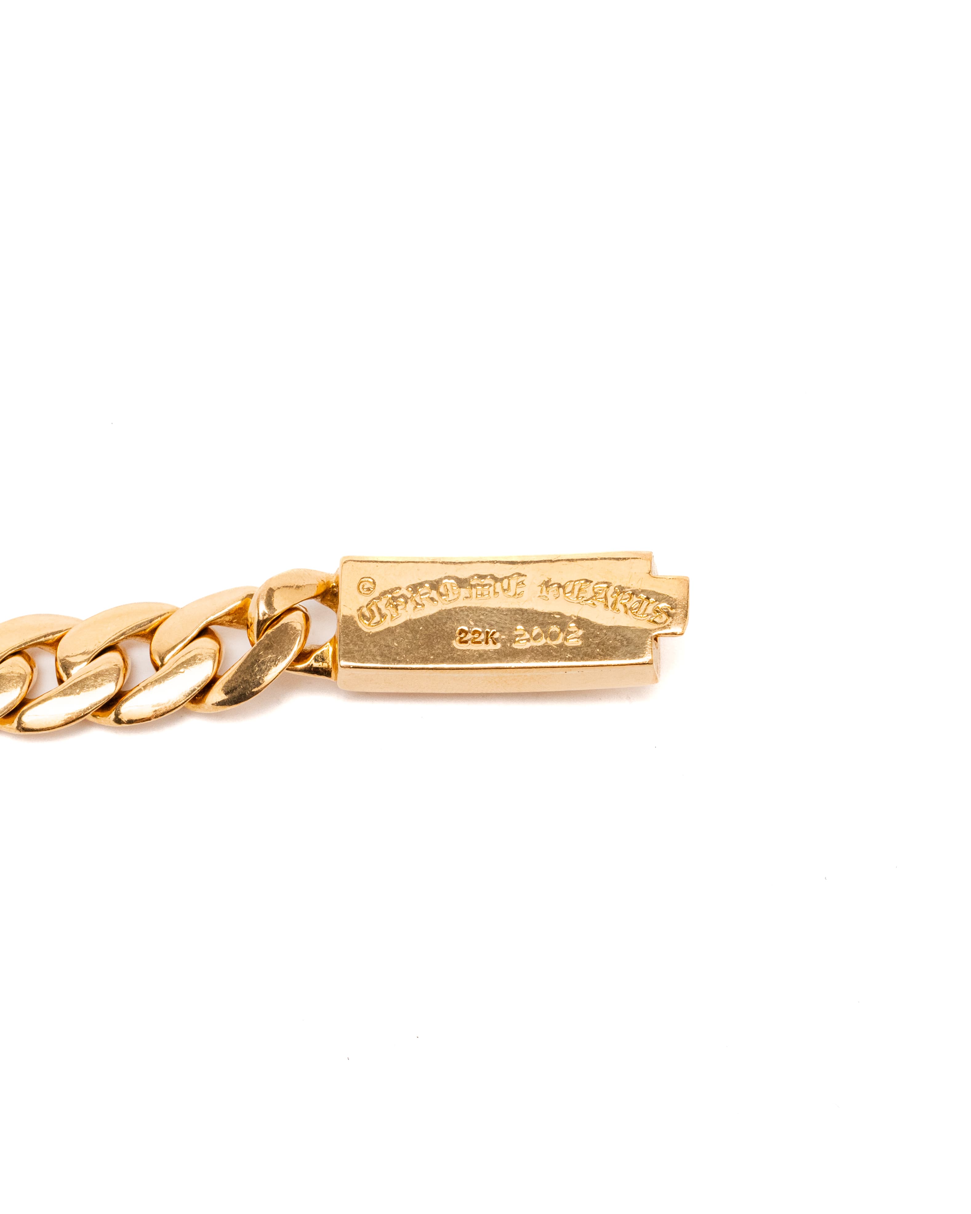 22k Yellow Gold and Diamond Floral Cross Baby ID Bracelet - image 8 - CHROME HEARTS engraving on clasp underside