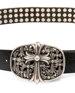 Cemetery Cross Buckle and Triple Row Pyramid Studs Black Leather Belt - image 3 - close-up of cross buckle