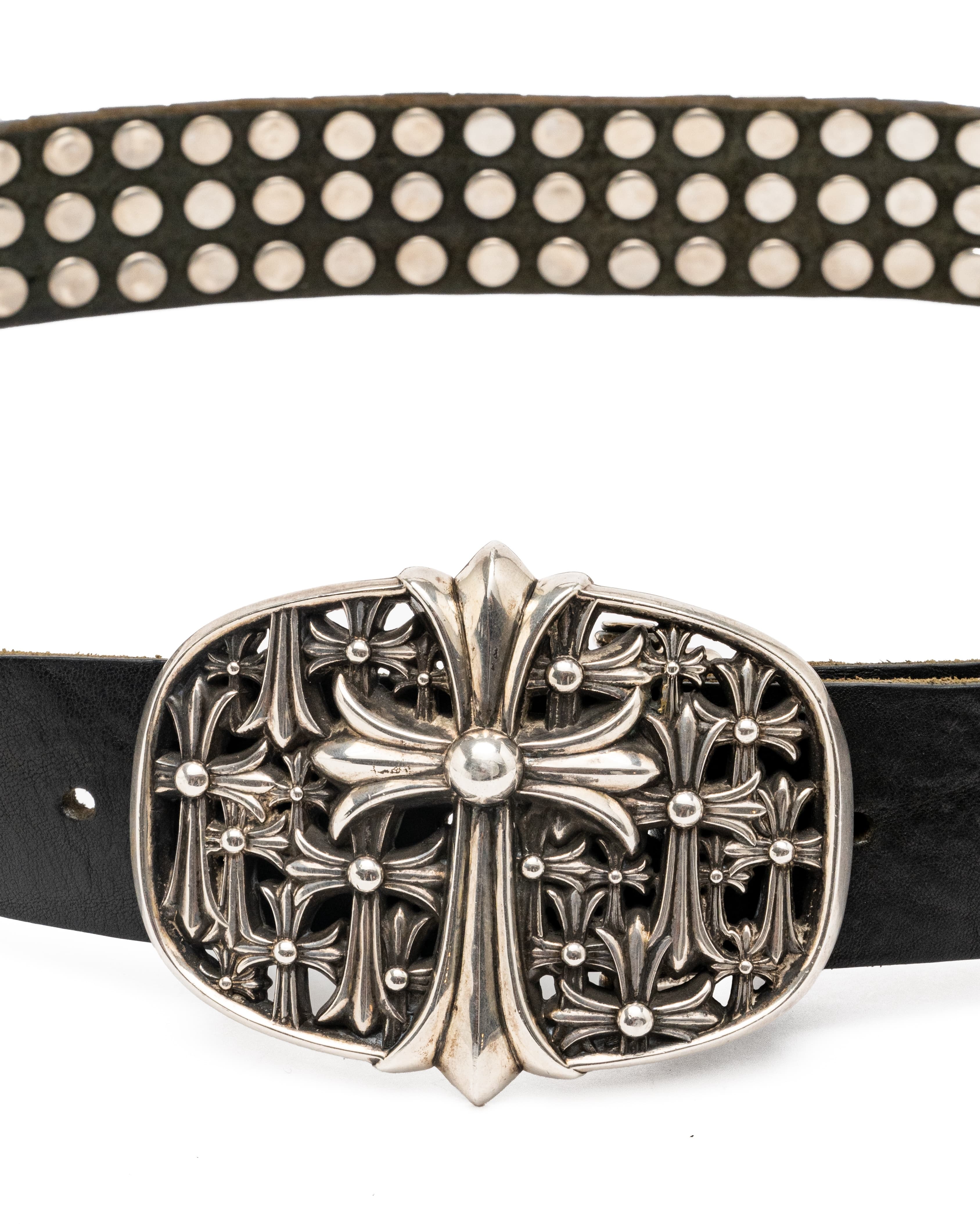 Cemetery Cross Buckle and Triple Row Pyramid Studs Black Leather Belt - image 3 - close-up of cross buckle