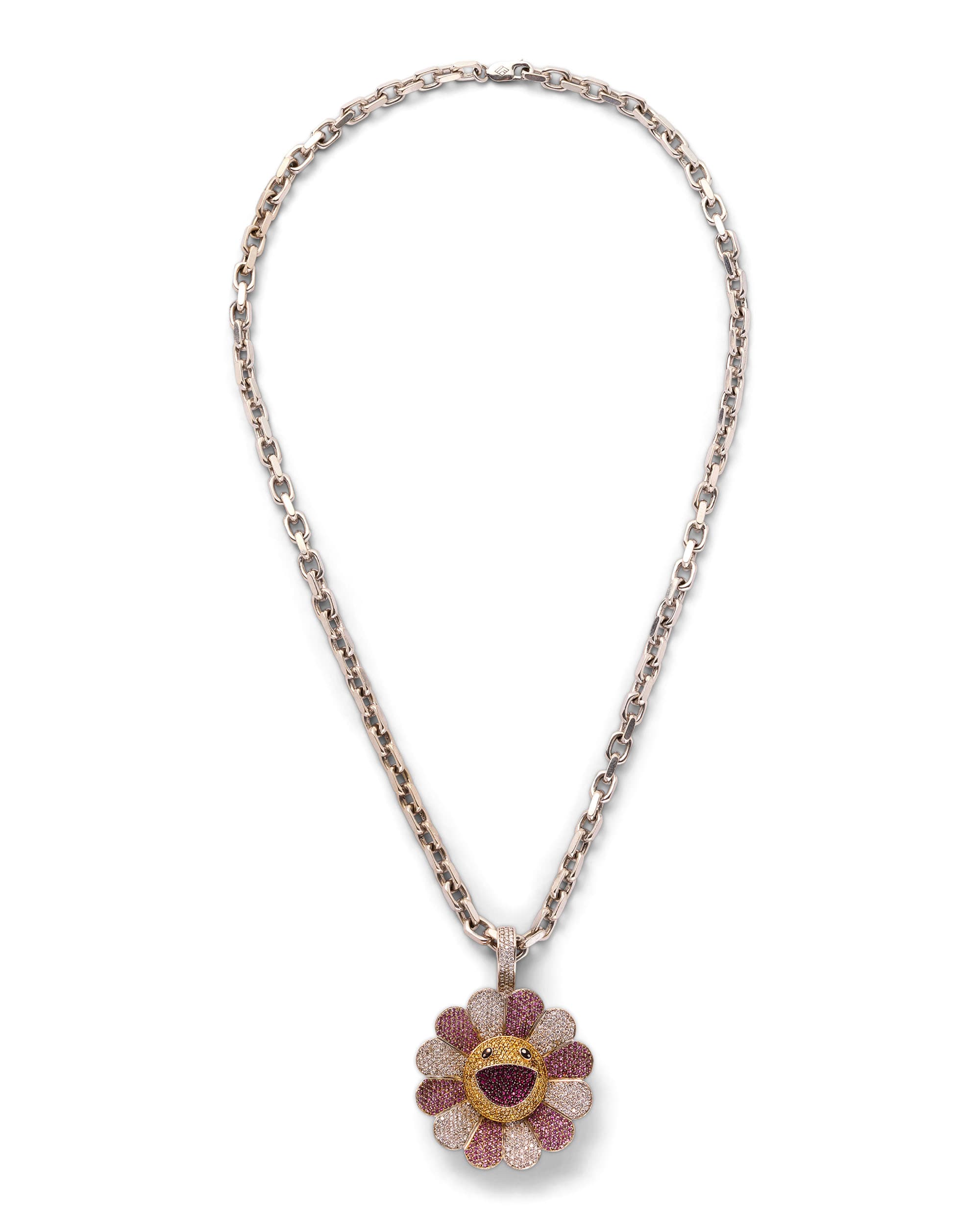 Diamond & Sapphire Flower Pendant - image 2 - bird's eye of pendant and chain