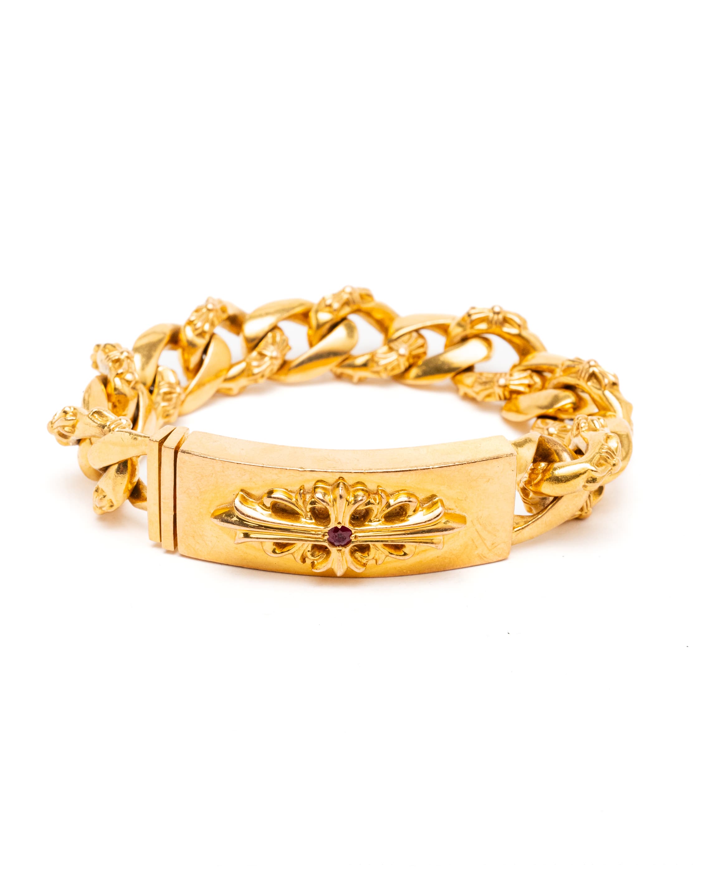 22k Yellow Gold and Ruby Floral Cross ID Bracelet - image 1