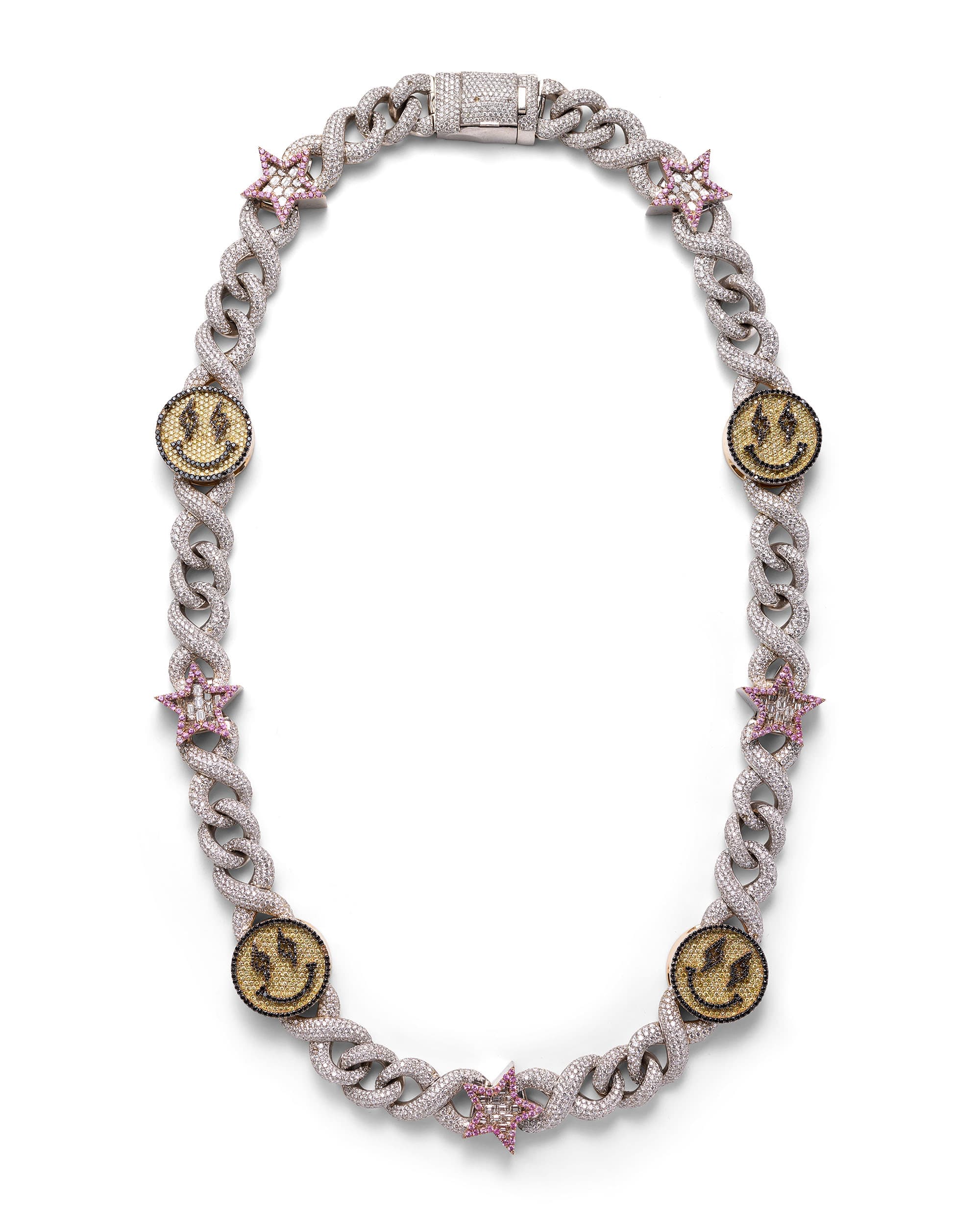 Astroboy Diamond Gemstone Pendant & Exchangeable Heads on Smiley & Star Diamond Chain - image 2 - bird's eye view of chain