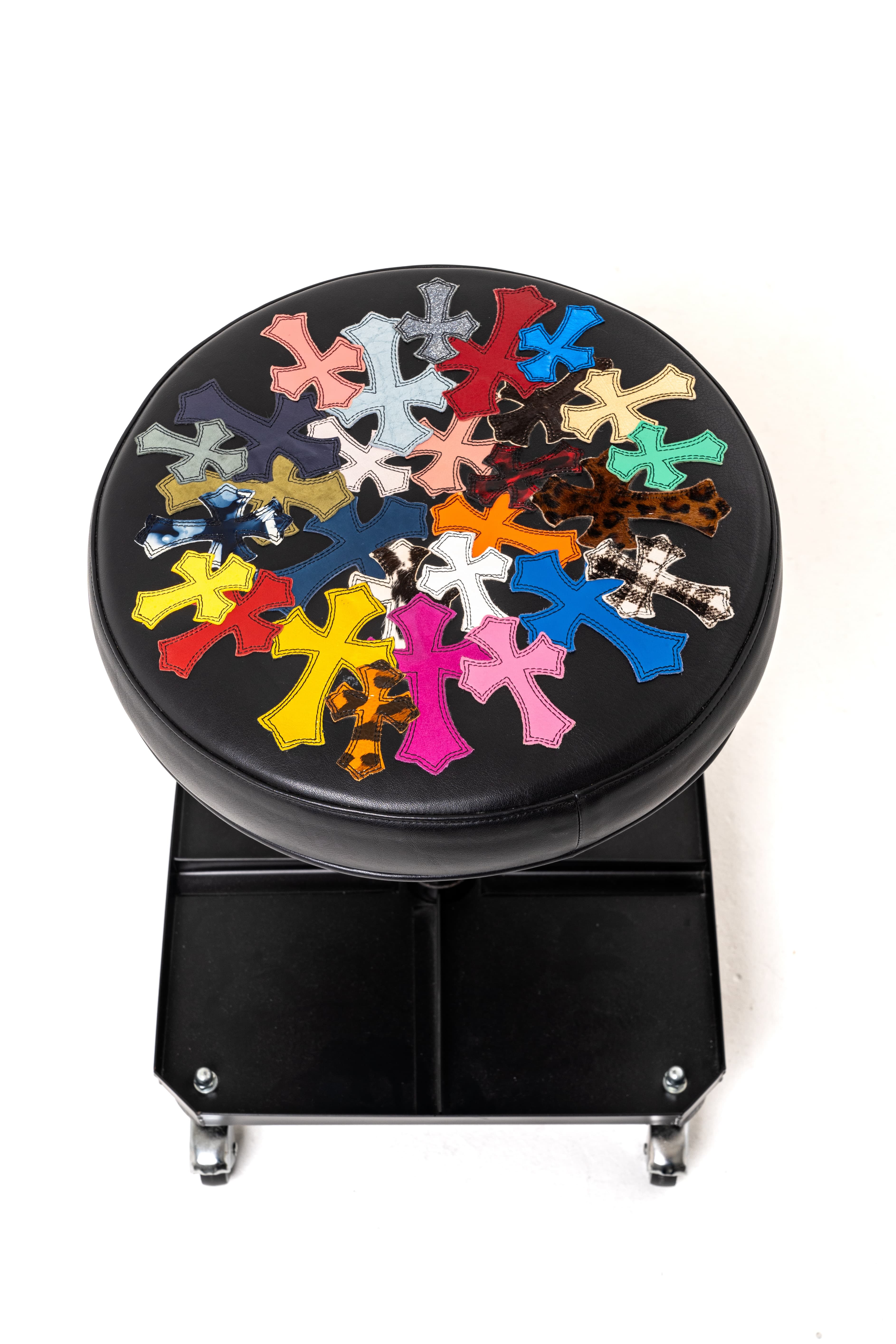 Black & Multicolor Cross Patch Stool - image 4 - bird's-eye view of seat pattern