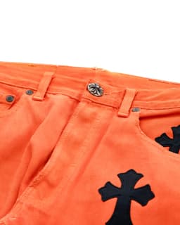 Vintage Levi's Black Cross Patch Orange Jeans - image 6 - waistband and fly, black cross patches