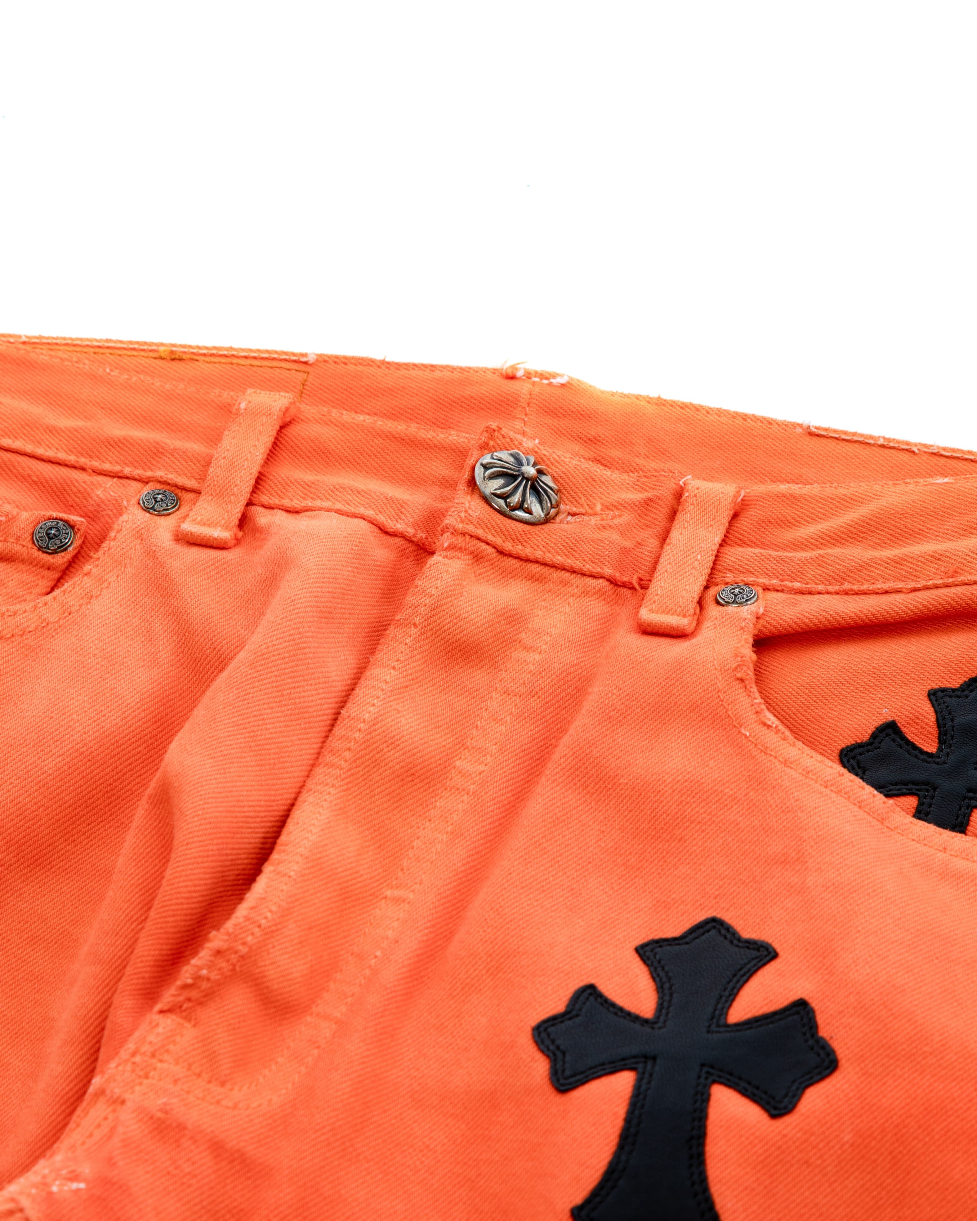 Vintage Levi's Black Cross Patch Orange Jeans - image 6 - waistband and fly, black cross patches