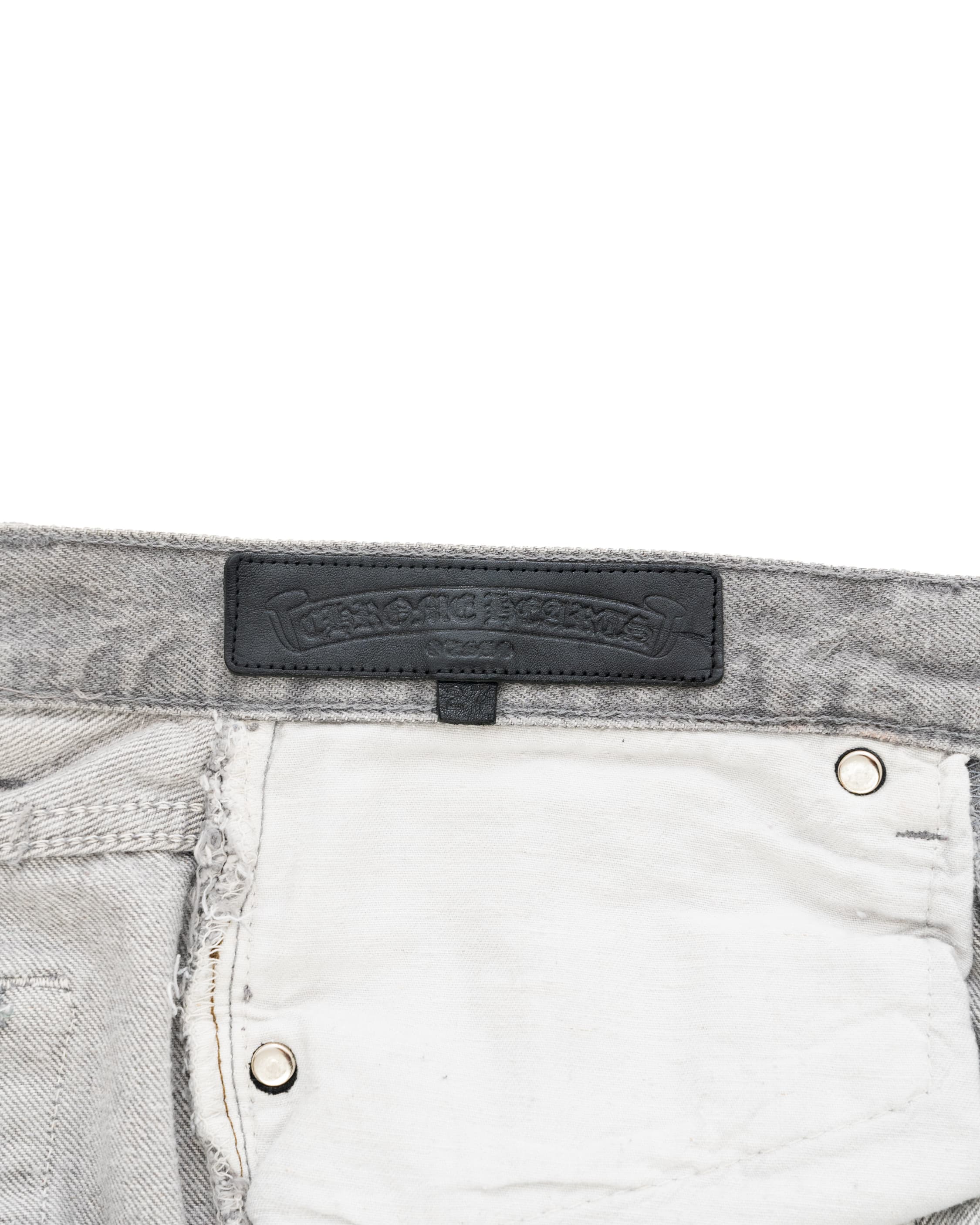 Vintage Levi's Black & Purple Cross Patch and Stencil Grey Jeans - image 4 - interior waistband CHROME HEARTS label