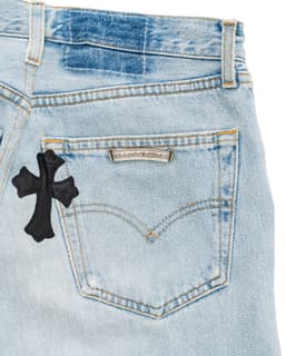 Vintage Levi's Black Cross Patch Distressed Blue Jeans - image 4 - back pocket with black cross and CHROME HEARTS patches