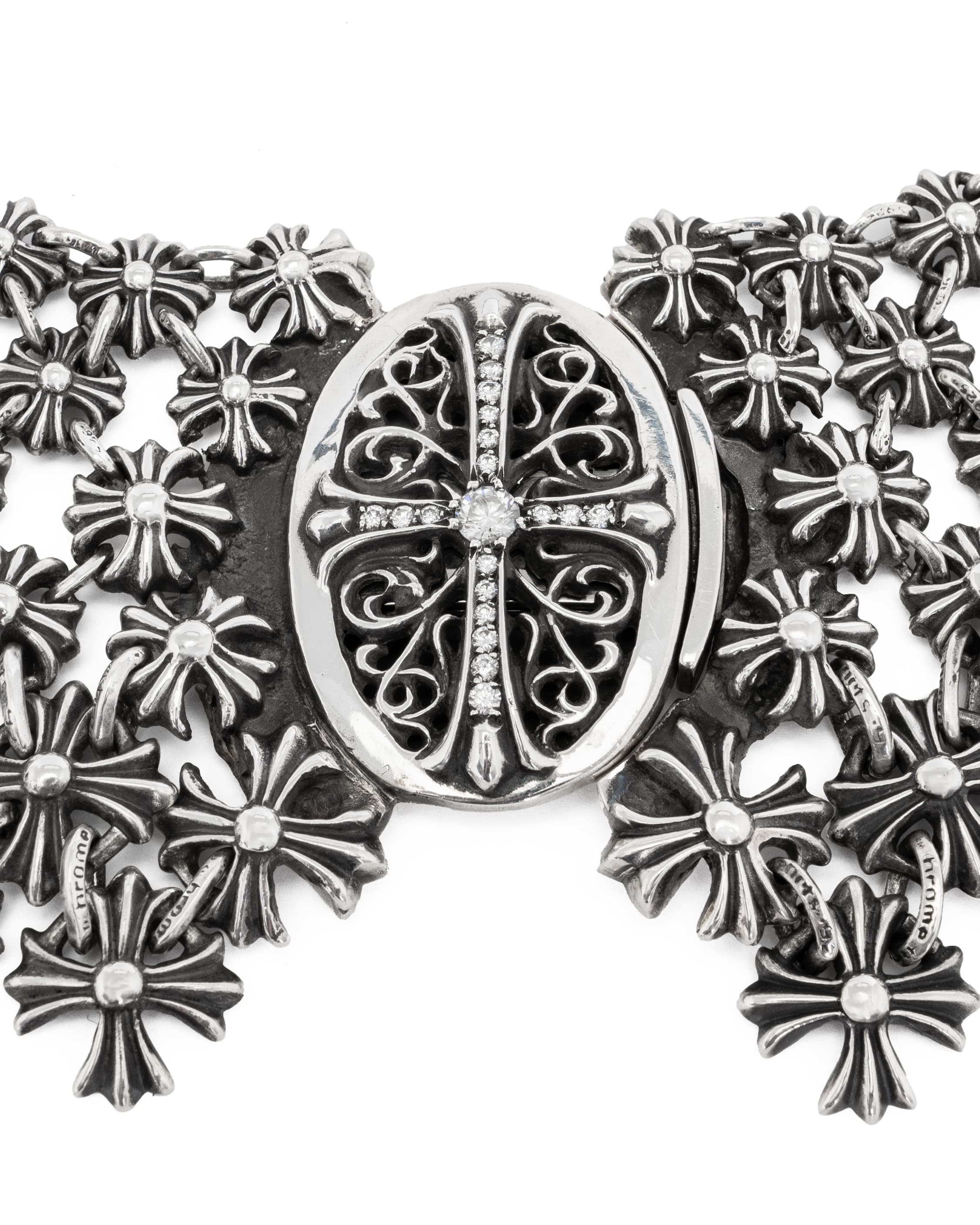 Oval Cross Pave Diamond and Silver Chain Maille Necklace - image 3