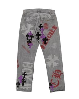 Vintage Levi's Black & Purple Cross Patch and Stencil Grey Jeans - image 2 - back of garment