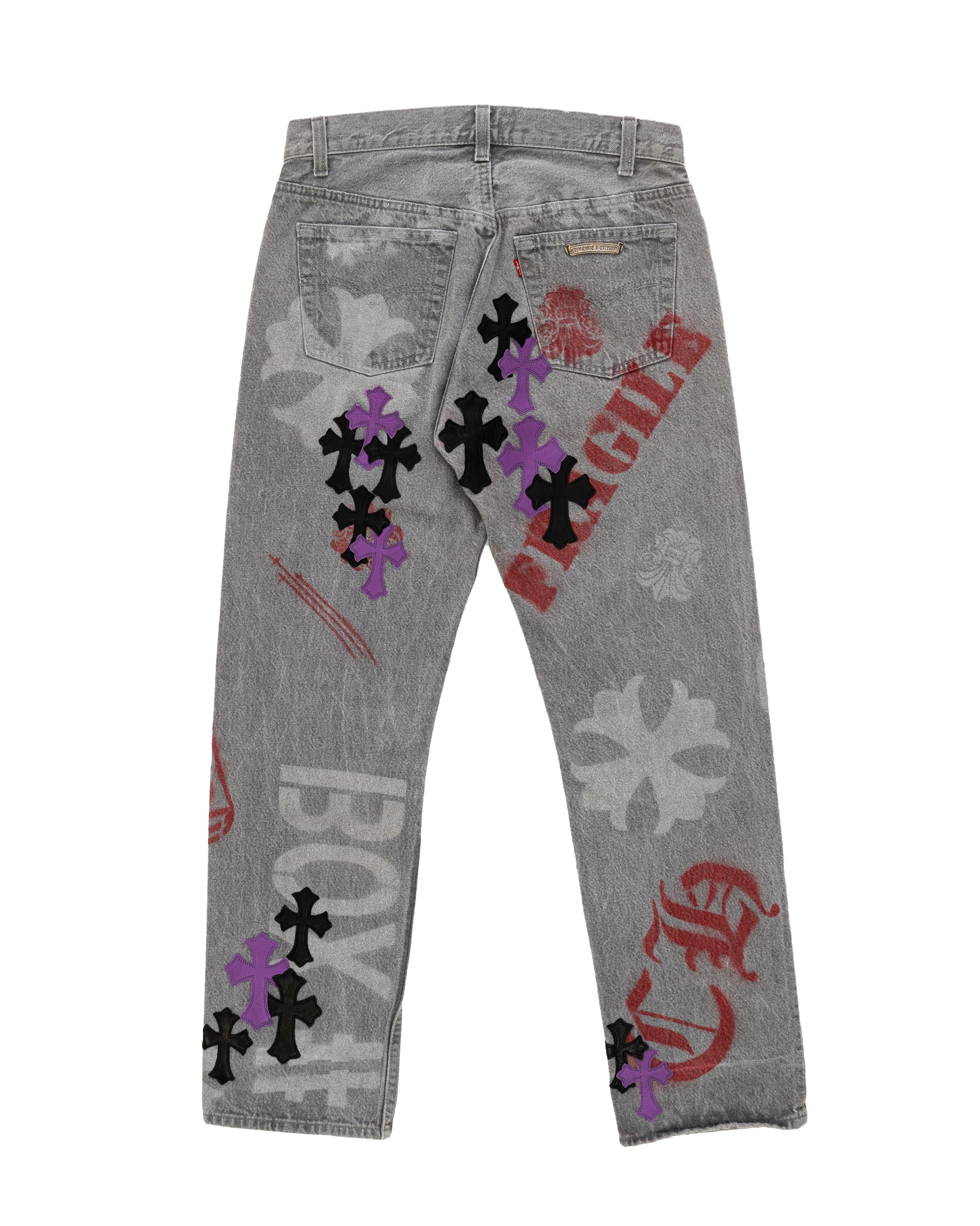 Vintage Levi's Black & Purple Cross Patch and Stencil Grey Jeans - image 2 - back of garment