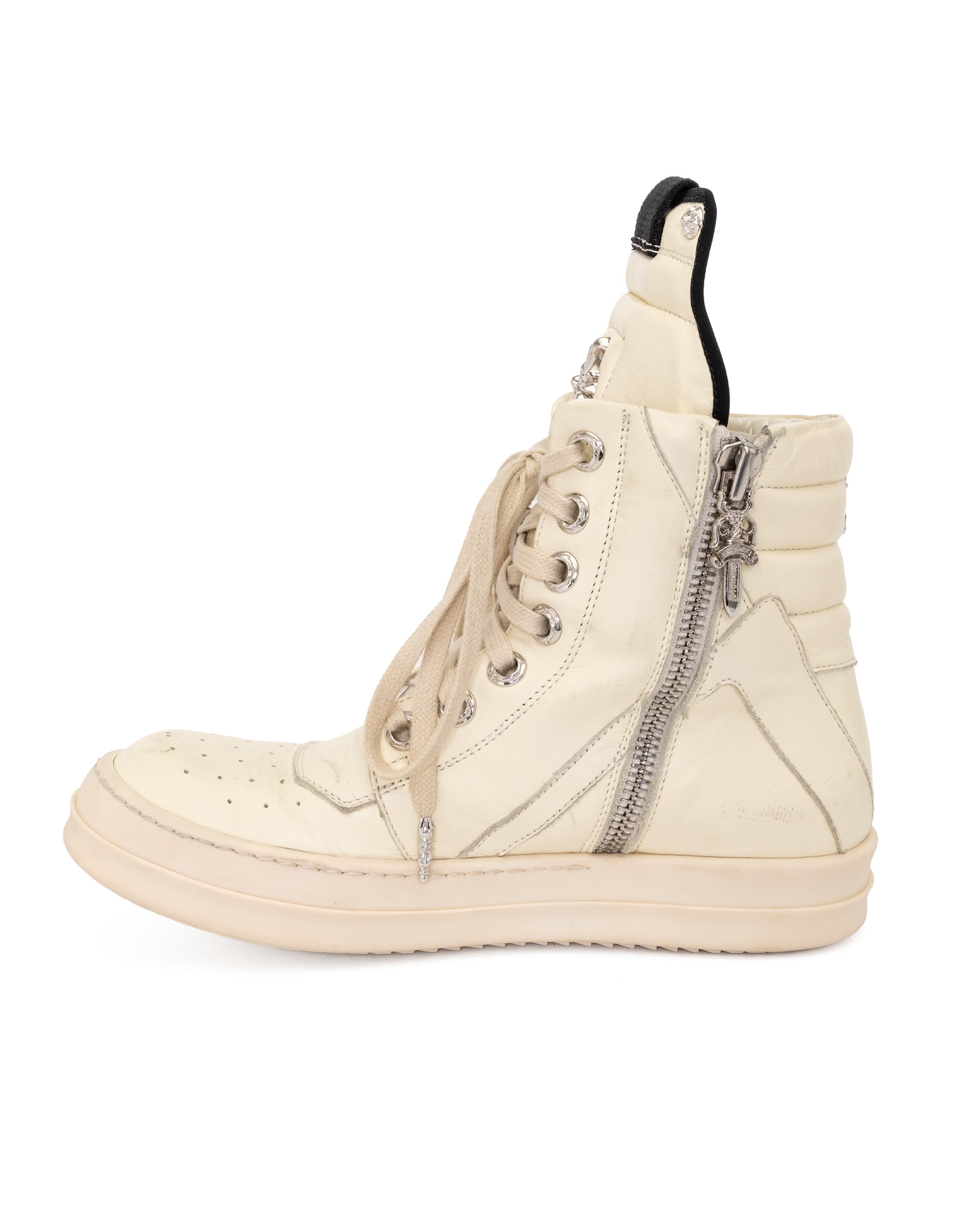 Rick Owens Geobasket Sneaker - image 5 - side view of right shoe with zipper detail