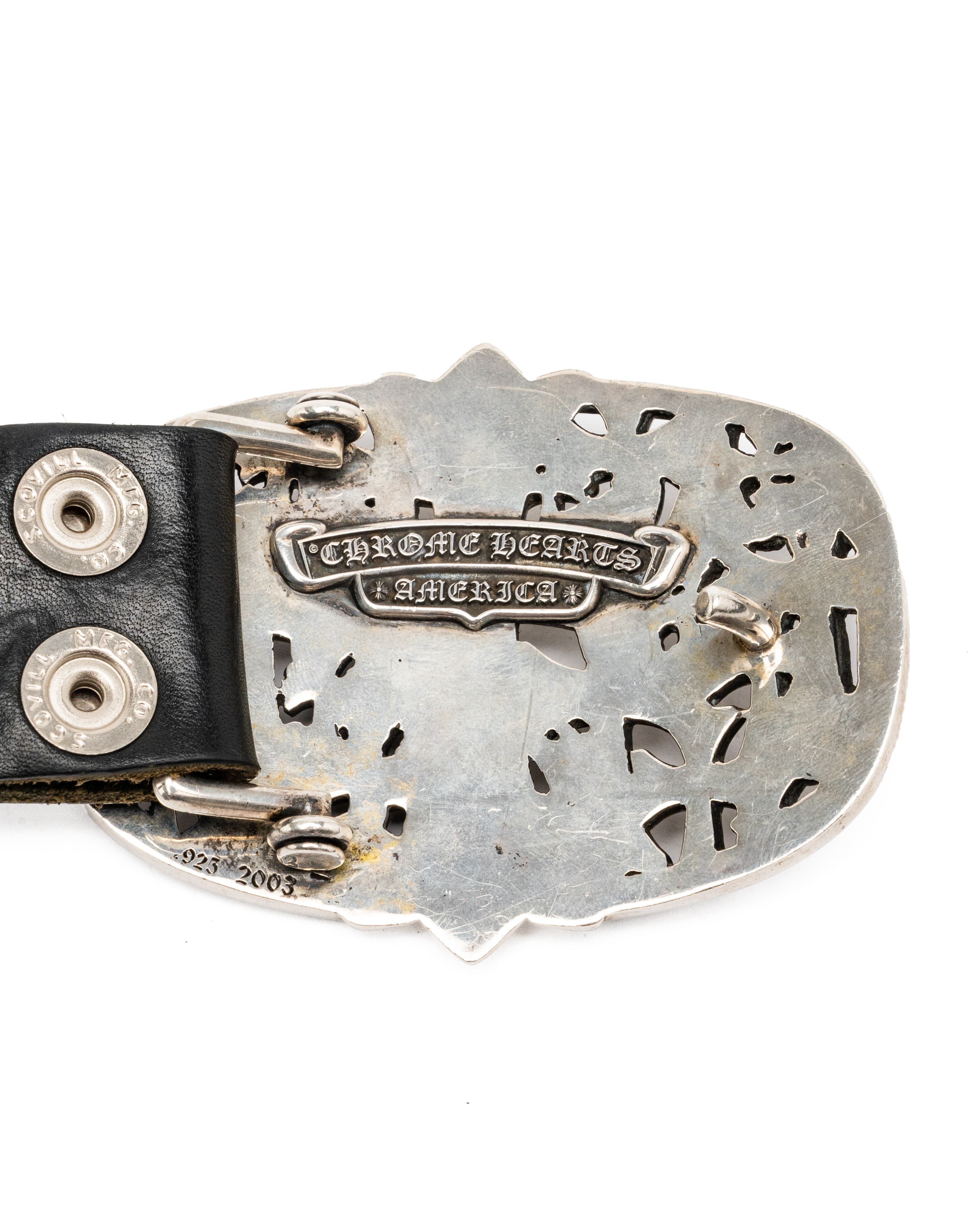 Cemetery Cross Buckle and Triple Row Pyramid Studs Black Leather Belt - image 4 - CHROME HEARTS on underside of buckle