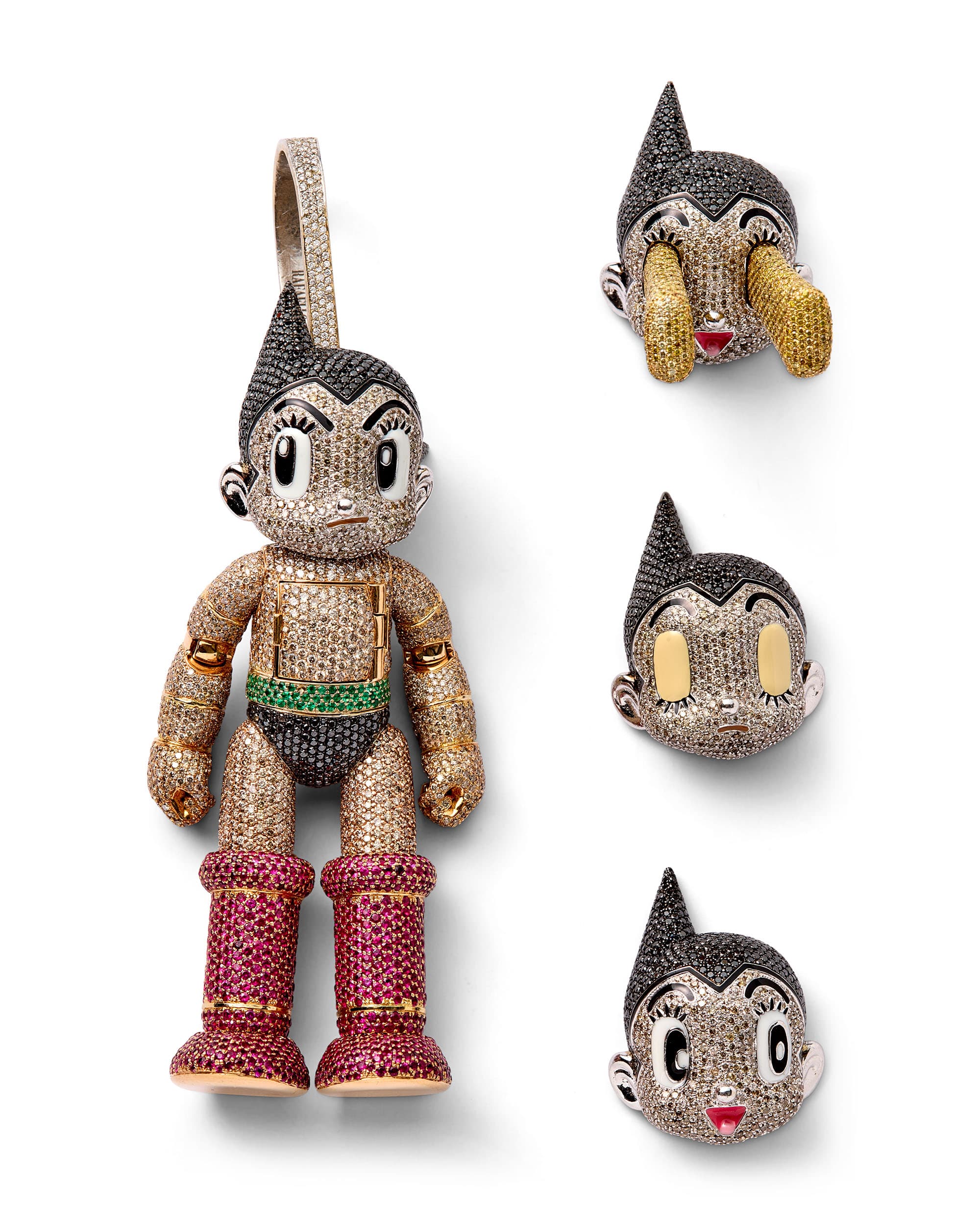 Astroboy Diamond Gemstone Pendant & Exchangeable Heads on Smiley & Star Diamond Chain - image 3 - close-up of Astroboy with the three other separate, interchangeable heads