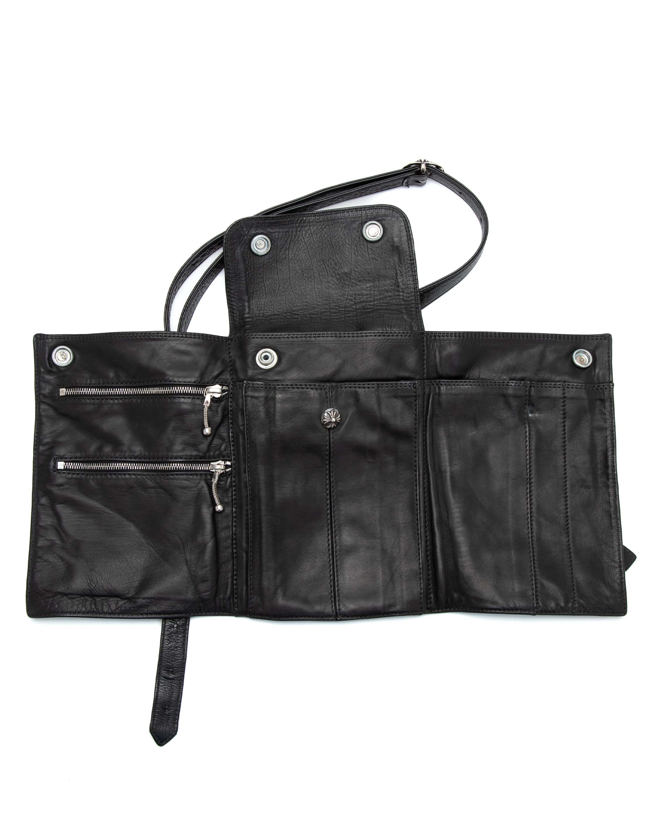 Black Leather Scissor Case - image 5 - interior showing compartments and zippered pockets