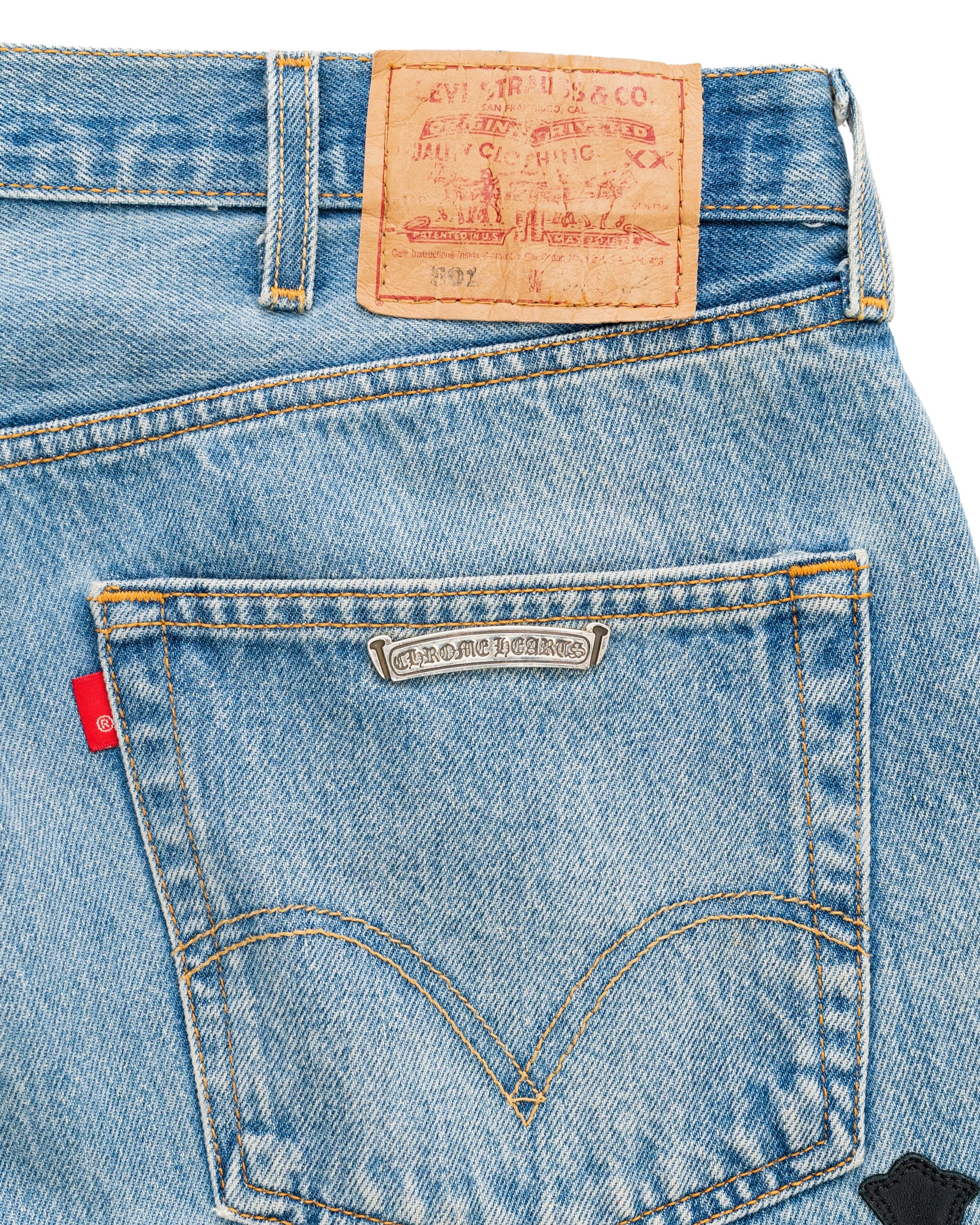 Vintage Levi's Black Cross Patch Blue Jeans - image 5 - back pocket with CHROME HEARTS and Levi's brand patches