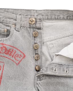 Vintage Levi's Black & Purple Cross Patch and Stencil Grey Jeans - image 3 - close-up of button fly fastening