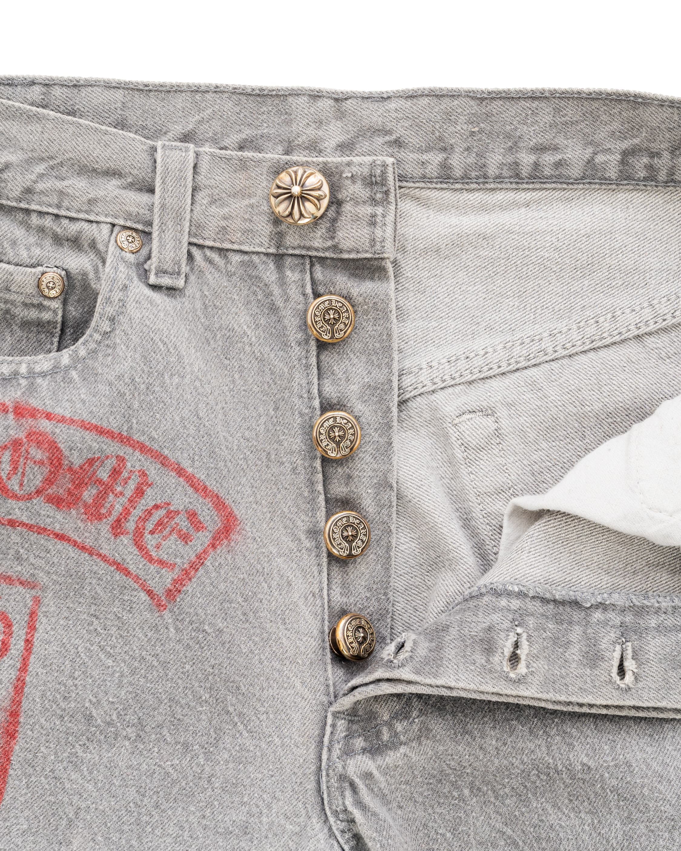 Vintage Levi's Black & Purple Cross Patch and Stencil Grey Jeans - image 3 - close-up of button fly fastening