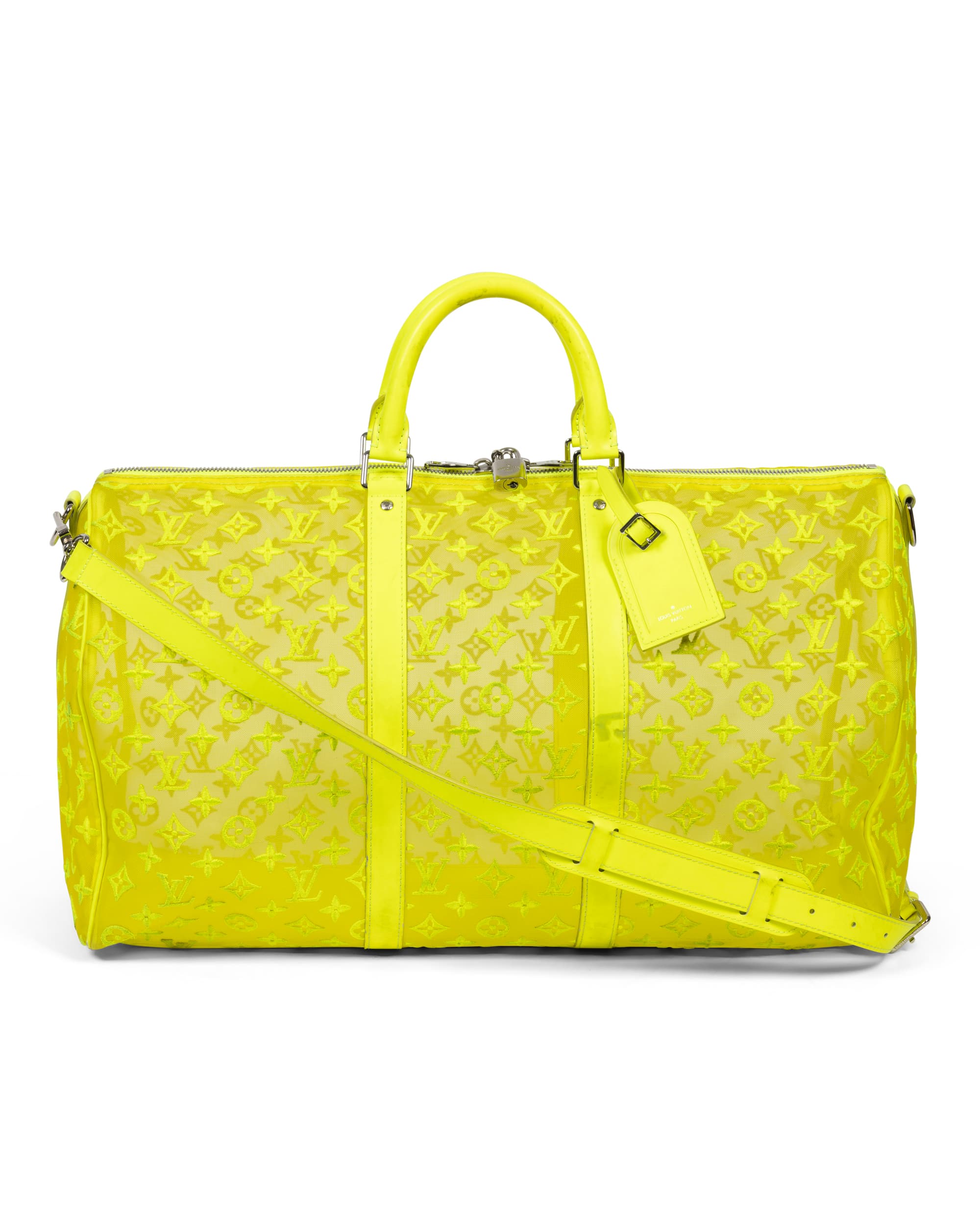 Yellow Mesh Monogram Keepall Bandoulière 50 - image 1 - front bag, showing luggage label and shoulder/crossbody strap