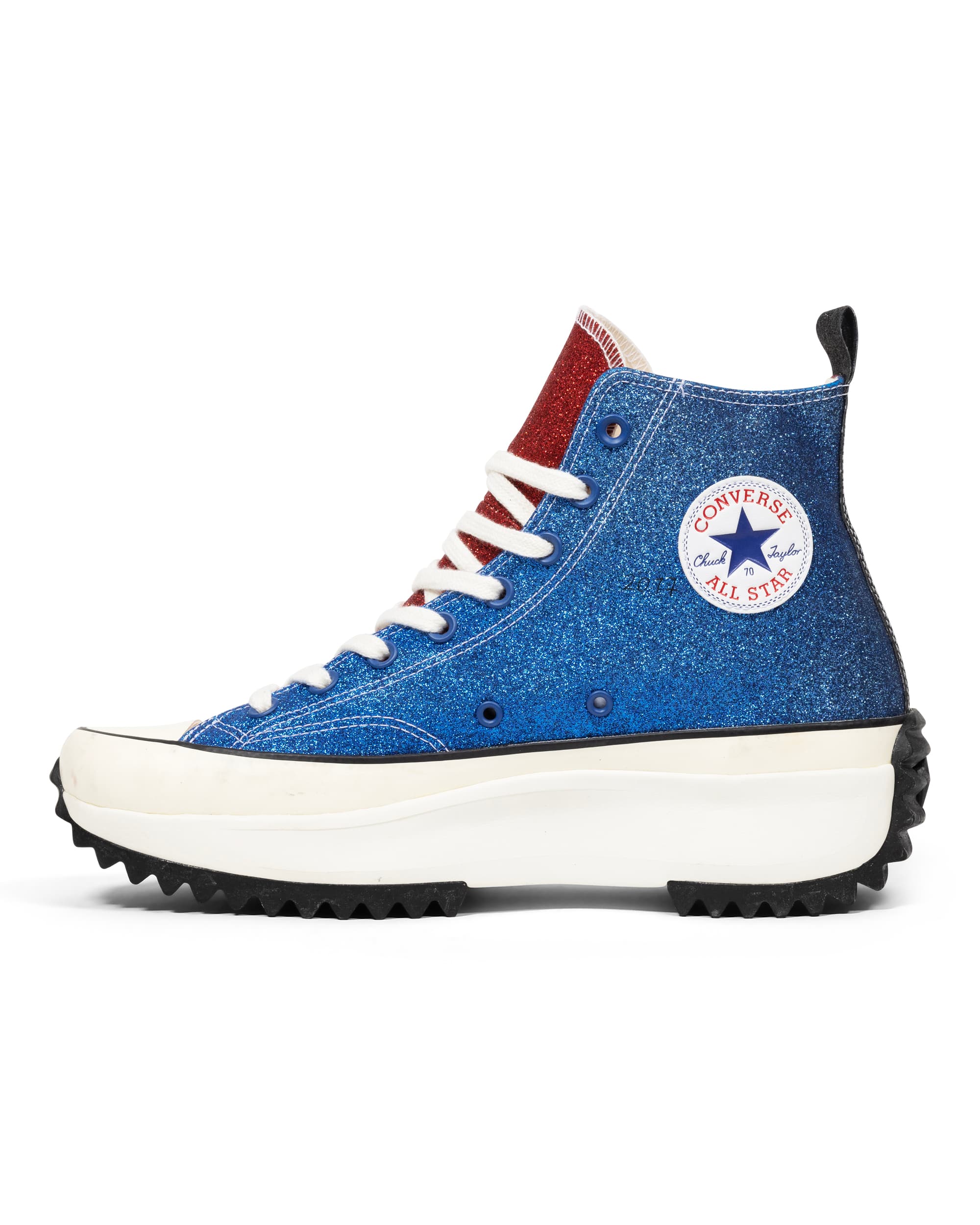 Run Star Hike Hi Glitter Sneaker - image 5 - blue side of the right shoe, Converse logo