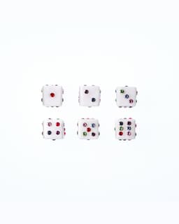 Carrara Marble Dice with Money Clip - image 2 - image of the 6 dice faces, multicolor gemstones numbering 1 to 6.