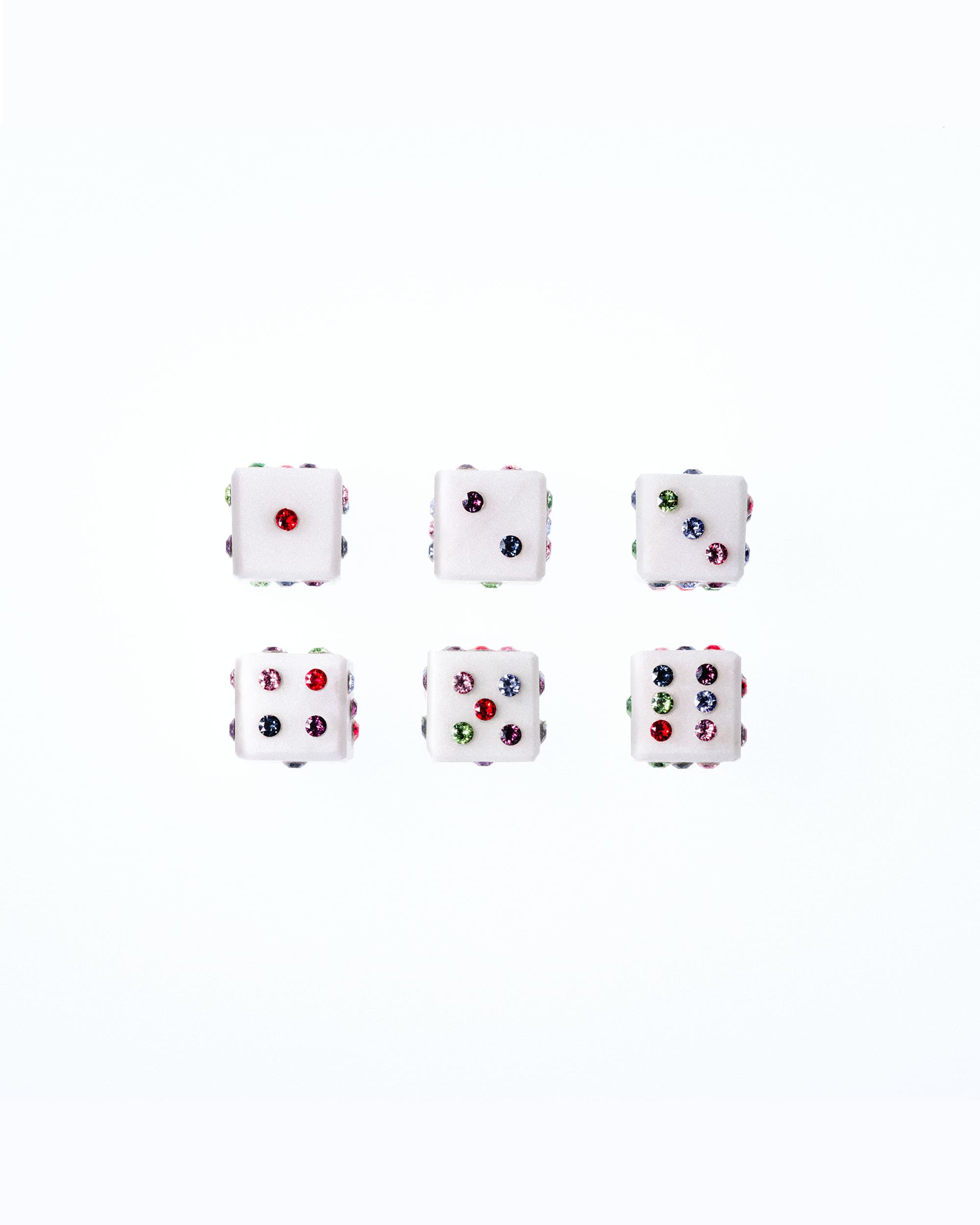 Carrara Marble Dice with Money Clip - image 2 - image of the 6 dice faces, multicolor gemstones numbering 1 to 6.
