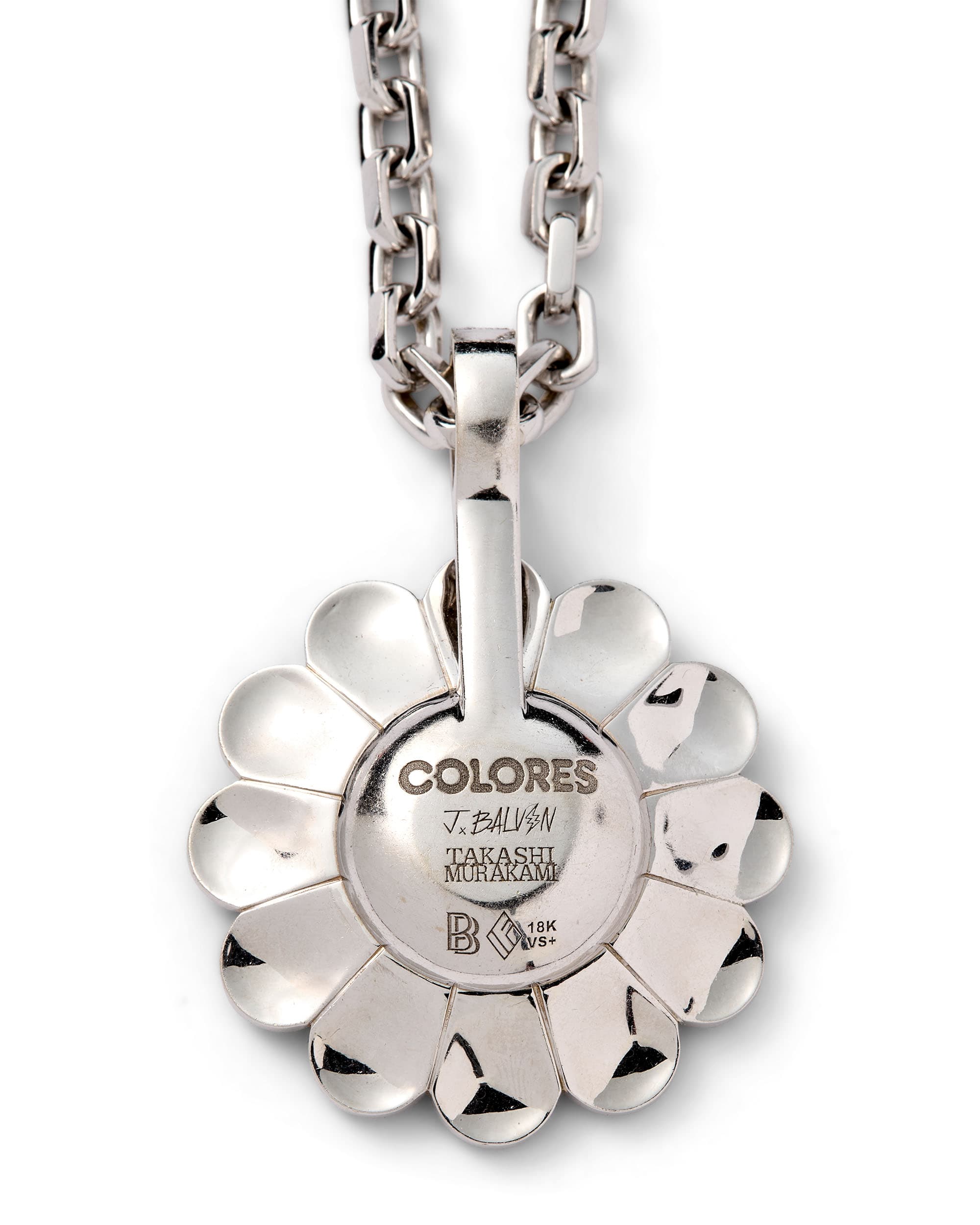 'Blanco' Flower Pendant - image 3 - close-up of pendant reverse showing inscription