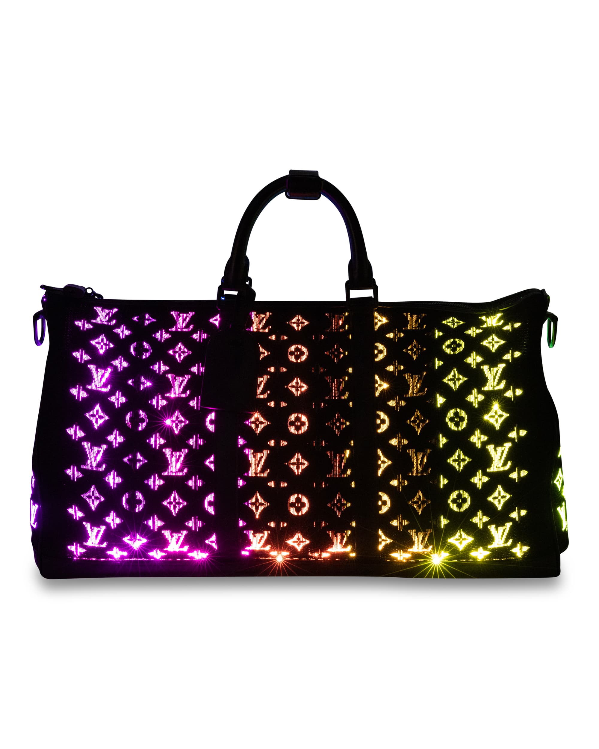 Black Light Up Keepall Bandoulière 50 - image 1 - front of bag with LED technology activated showing the different colours