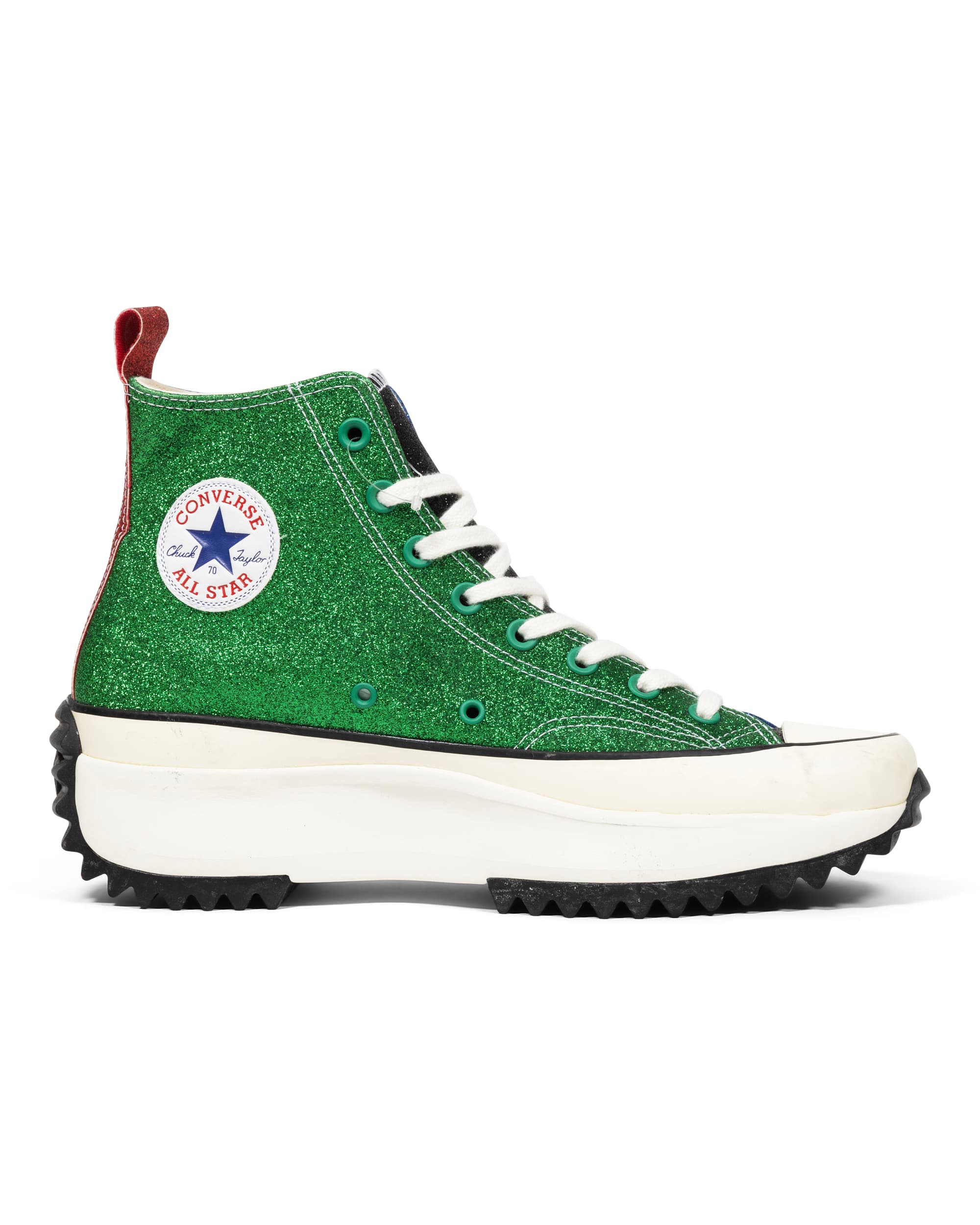 Run Star Hike Hi Glitter Sneaker - image 3 - side view - green side of the left shoe, Converse logo