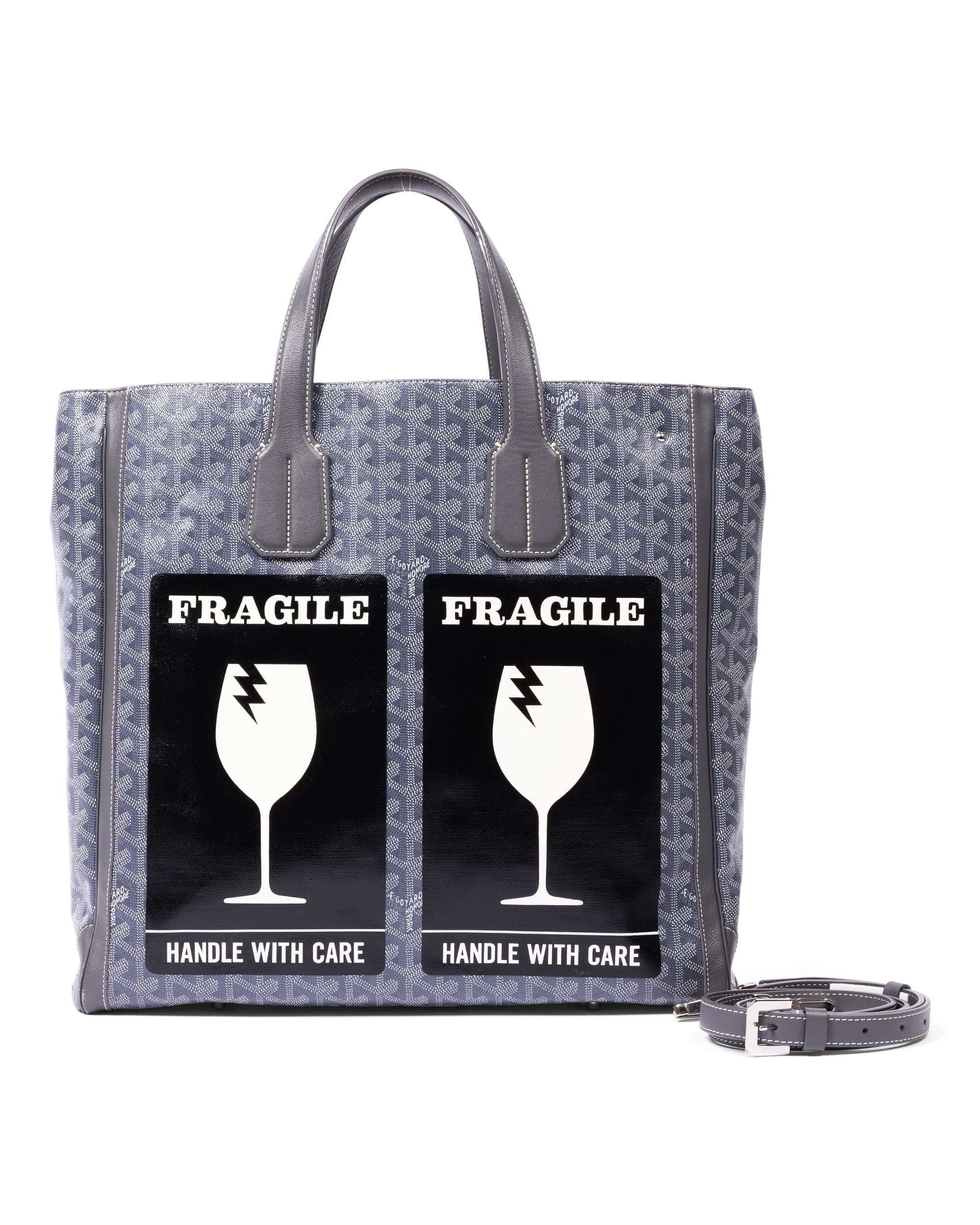 Custom Gray Goyardine Human Made 'Handle with Care' Tote Villette Bag - Back with Strap