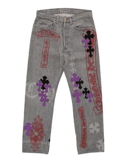 Vintage Levi's Black & Purple Cross Patch and Stencil Grey Jeans - image 1 - front of garment