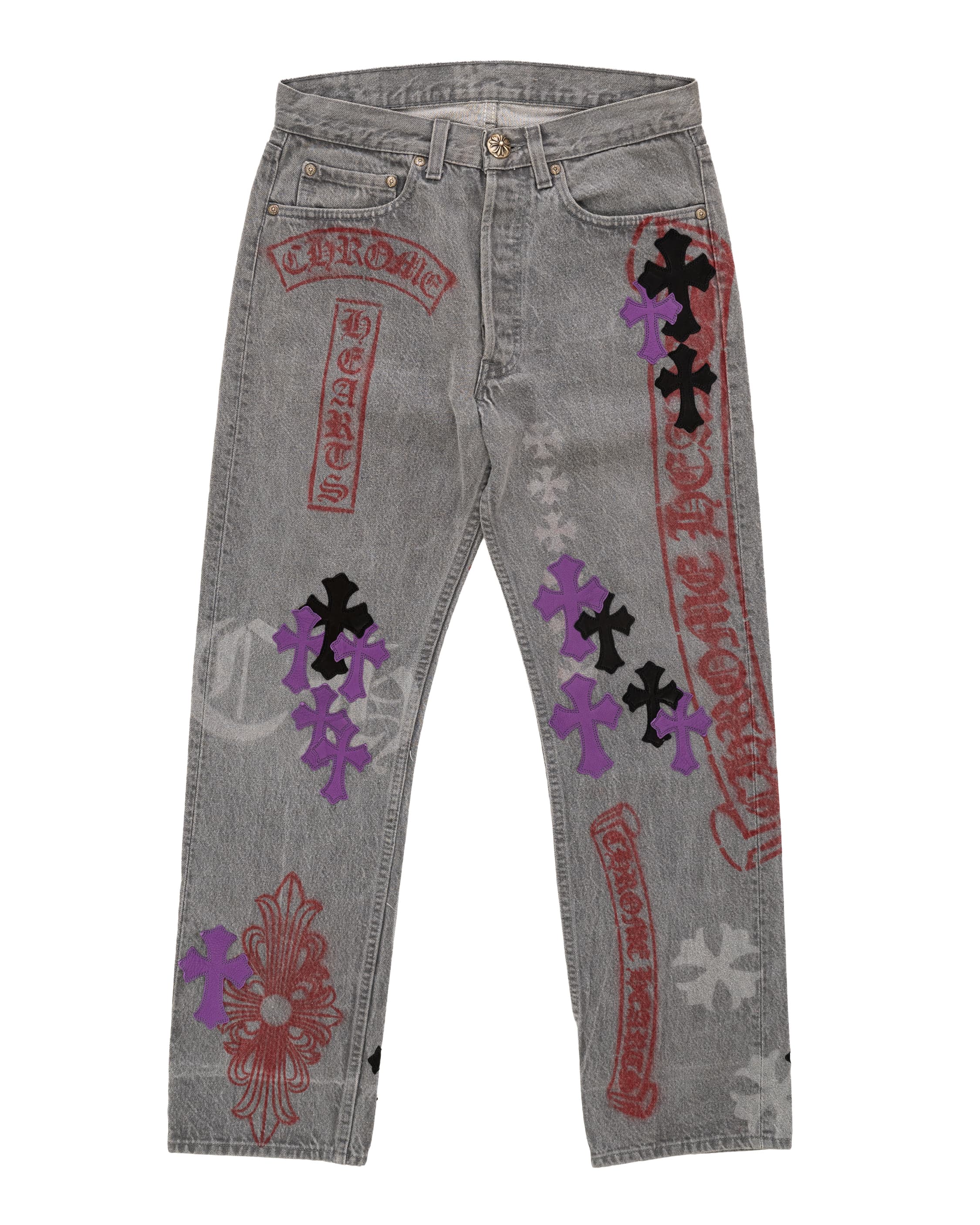 Vintage Levi's Black & Purple Cross Patch and Stencil Grey Jeans - image 1 - front of garment