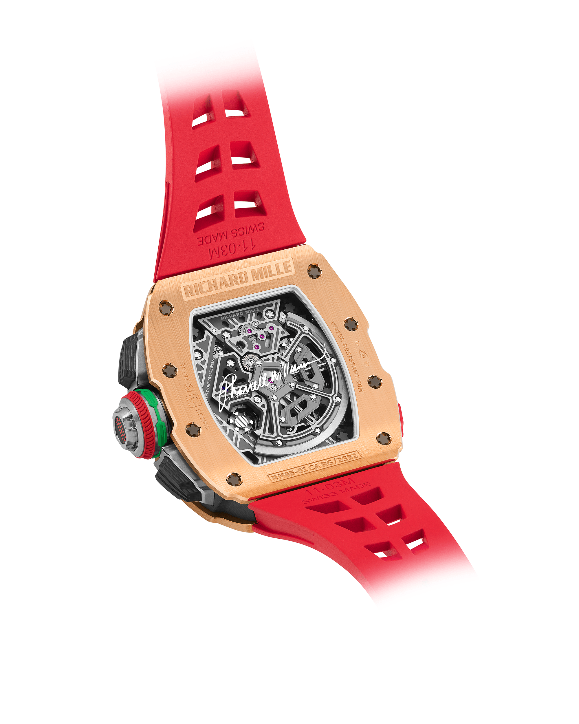 Richard Mille RM 65-01 Chronograph Watch with a red band - side view