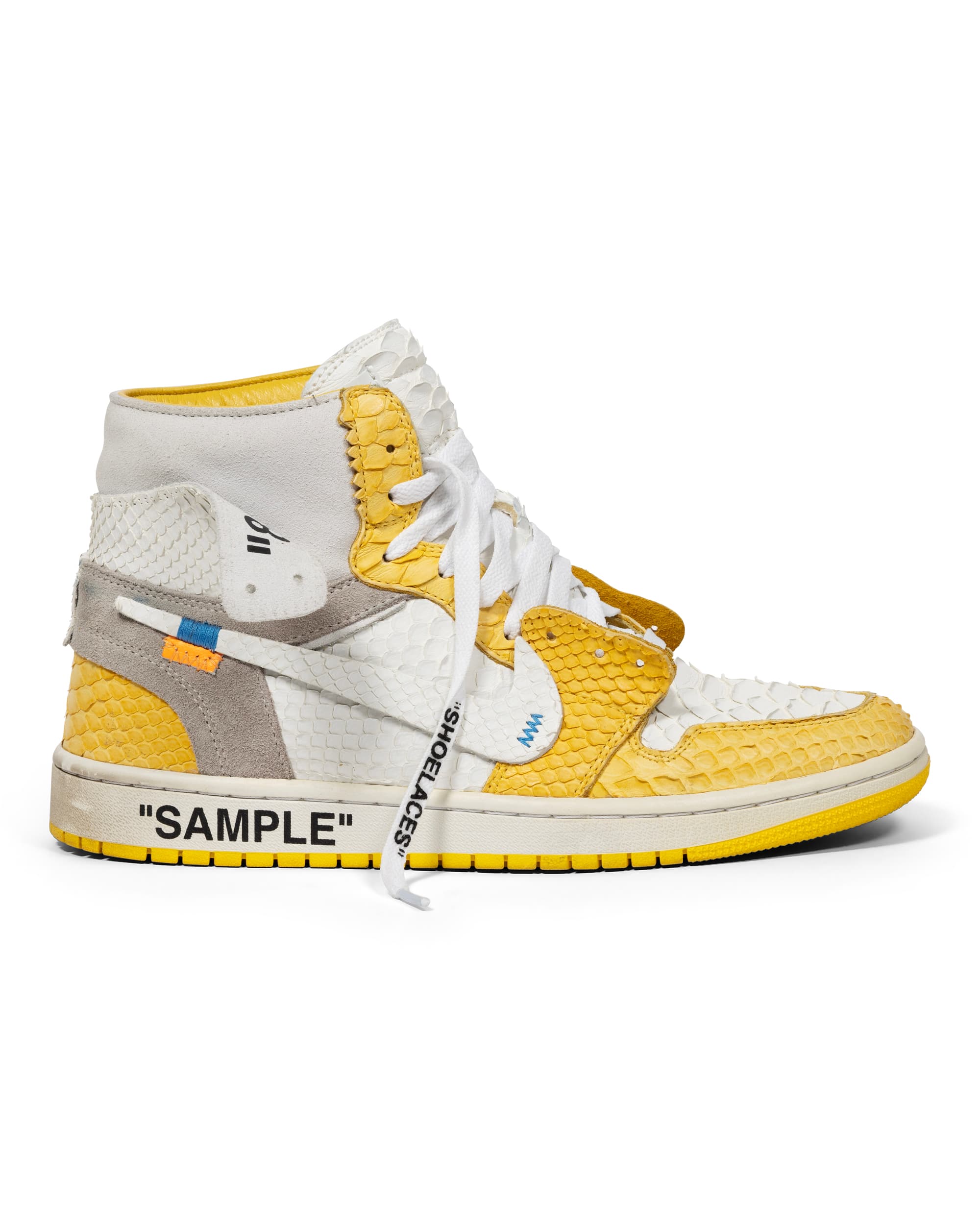 Shoe Surgeon X Air Jordan 1 High 'Off-White Canary Yellow Luxe' - image 1 - side view of sneaker, "SAMPLE" on outer midsole, "SHOELACES" at the bottom of the shoe laces