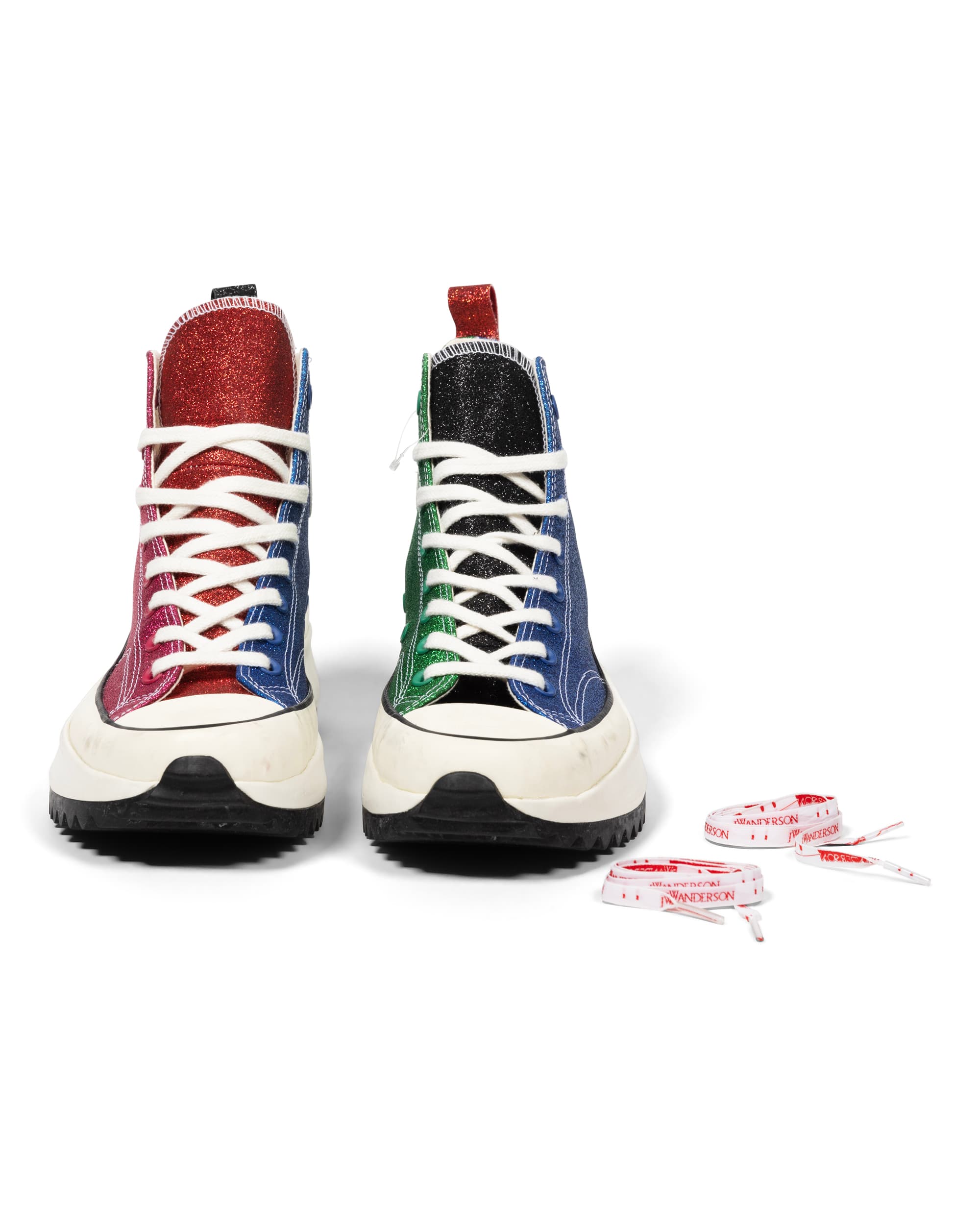 Run Star Hike Hi Glitter Sneaker - image 8 - front of sneakers, next to them, 2 personalized 'JW Anderson' shoe laces