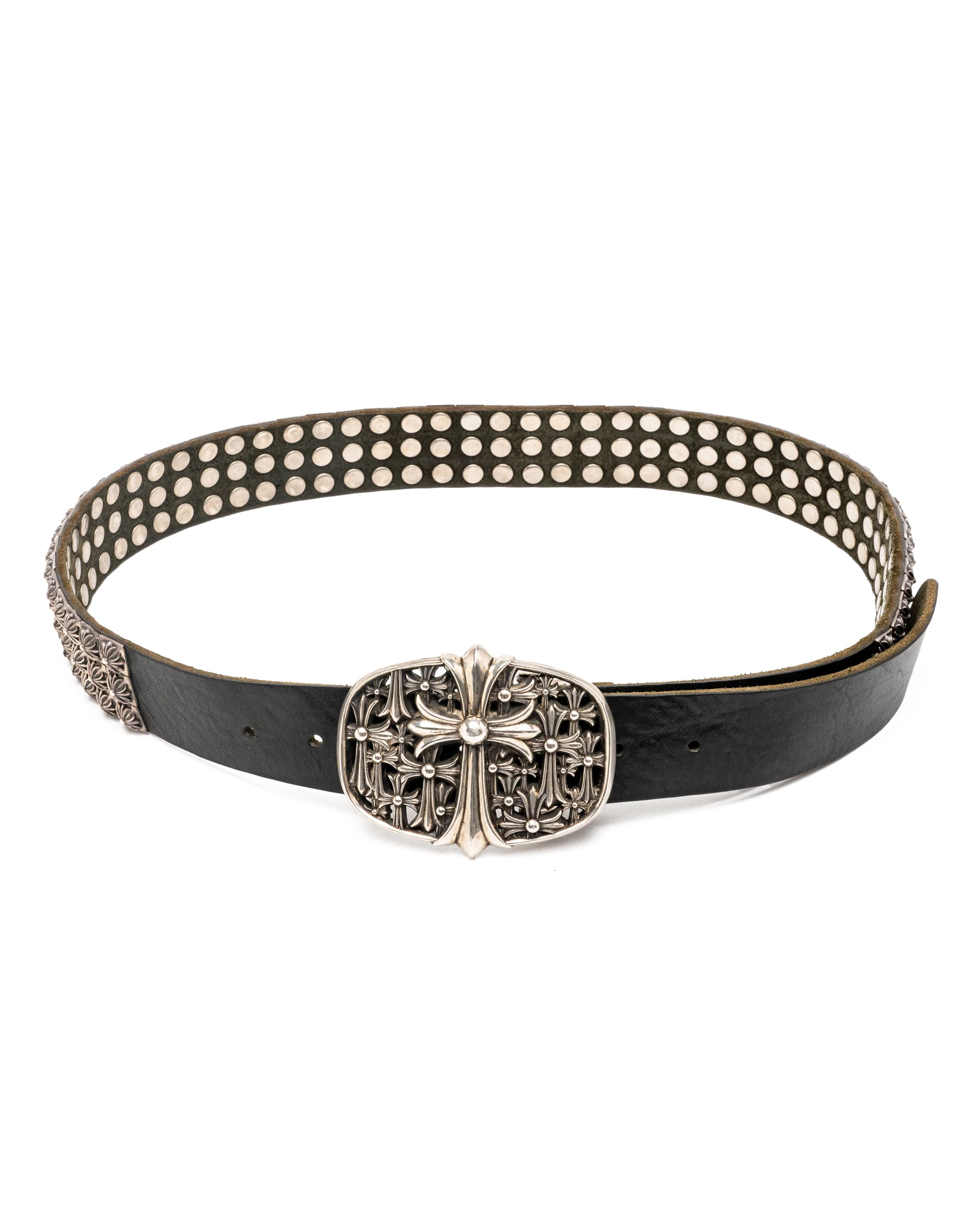 Cemetery Cross Buckle and Triple Row Pyramid Studs Black Leather Belt - image 1