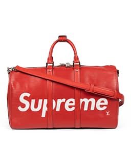 Red & White Epi Leather Keepall Bandoulière 45 - image 1 - front of bag, crossbody/shoulder strap and Supreme logo