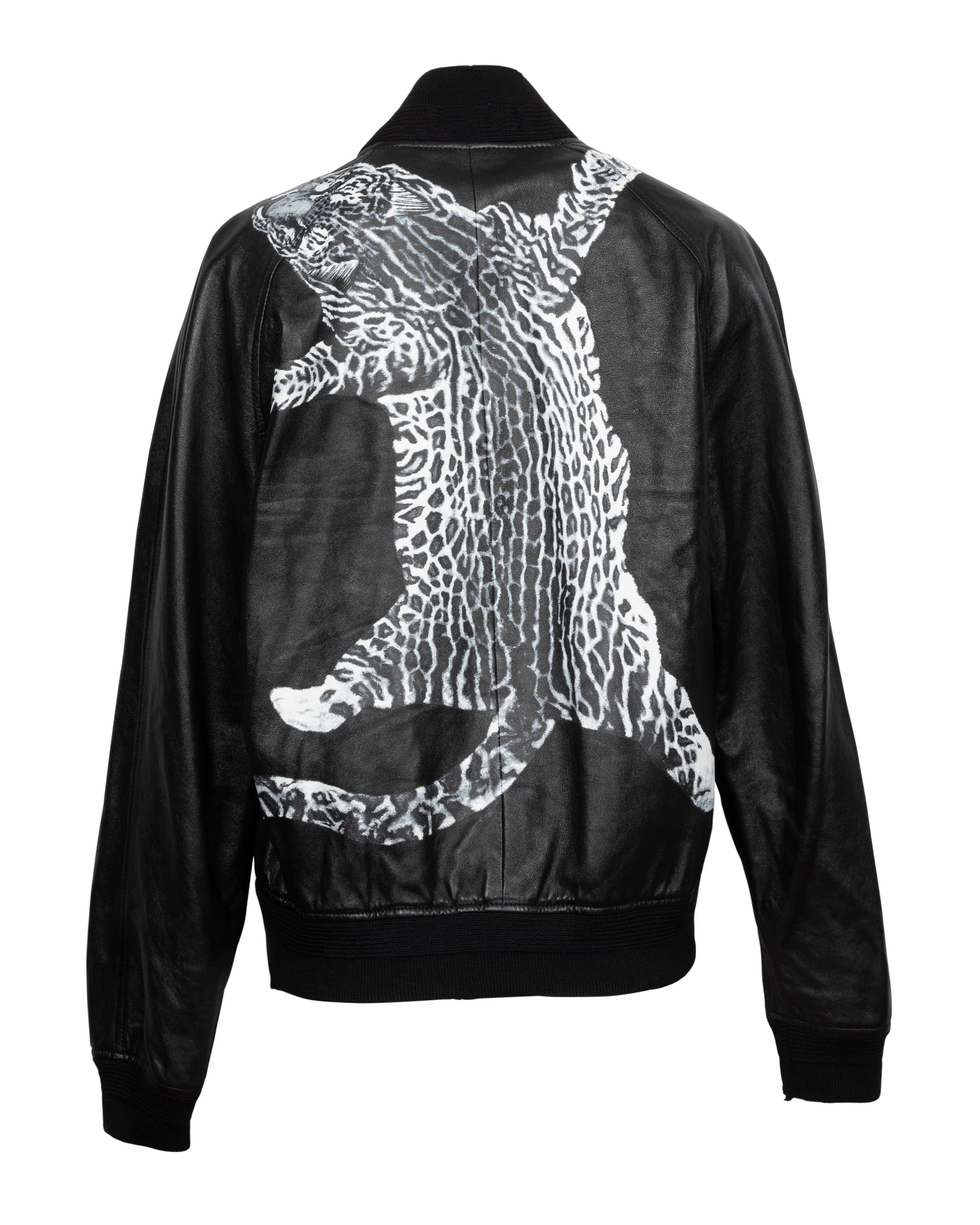 Snow Leopard Leather Jacket - image 2 - back of garment with snow leopard design