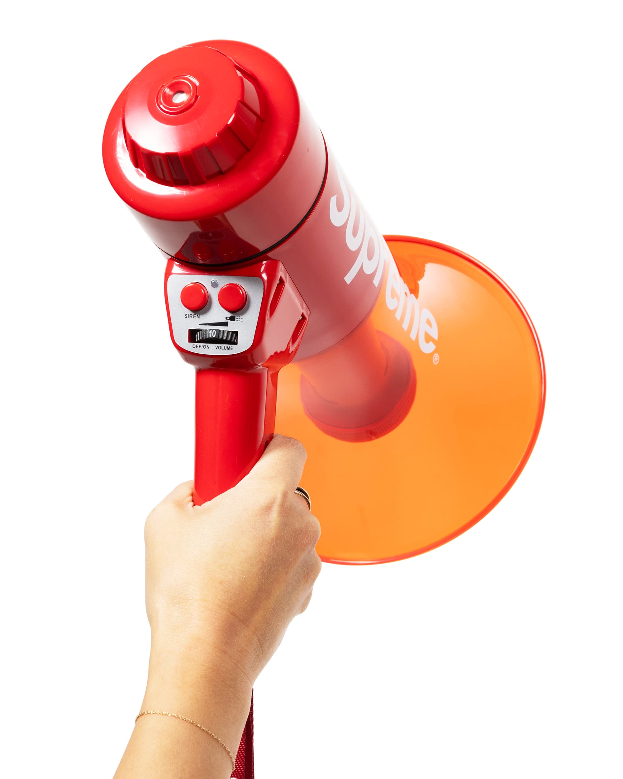 Megaphone - image 3 - person holding the megaphone showing on/off and volume switch, and mode options
